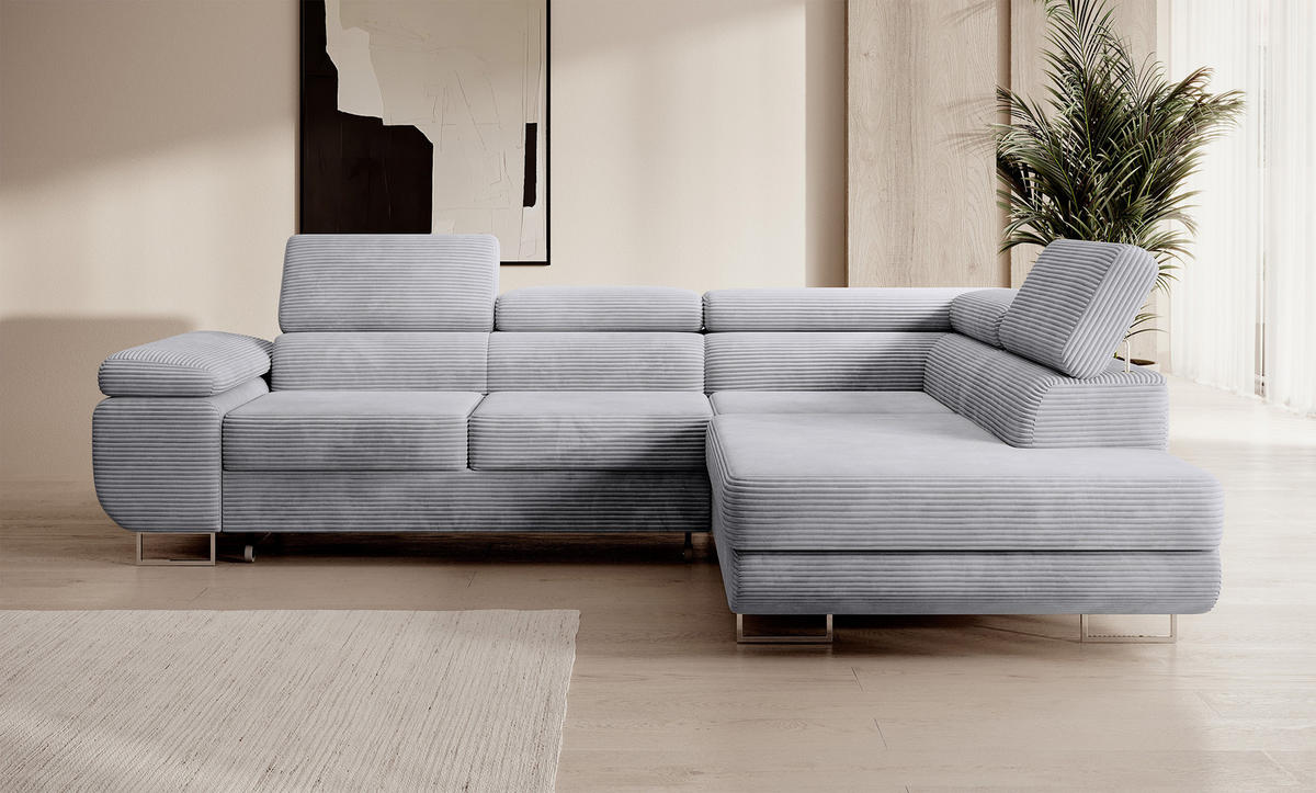ECKSOFA Stevil Hellgrau Cordbezug - Silberfarben/Hellgrau, Textil/Metall (275/203cm) - Selsey