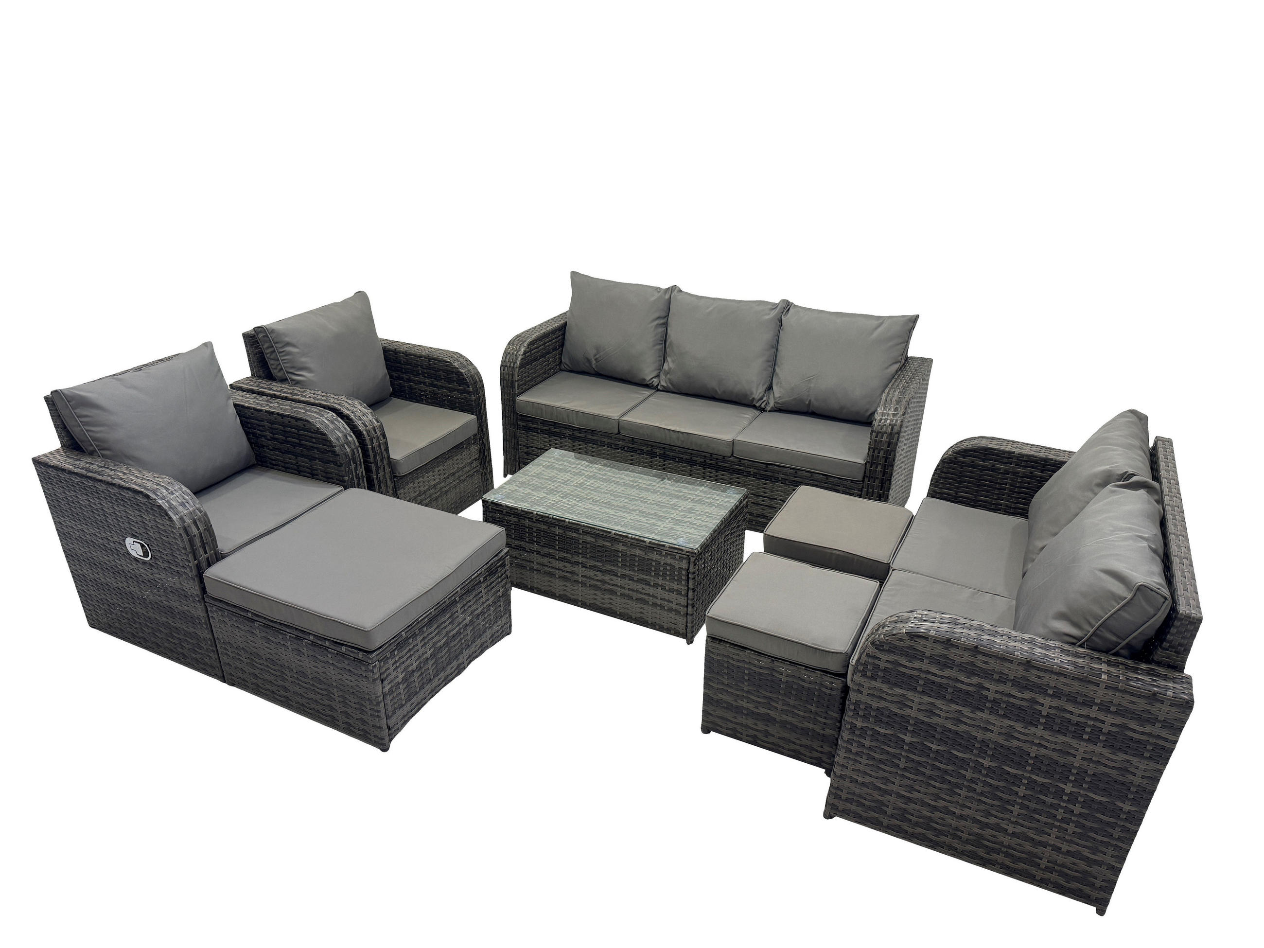 GARTENMÖBELSET mit Couchtisch Polyrattan 10-Sitzer - Dunkelgrau/Grau, Glas/Kunststoff - Fimous