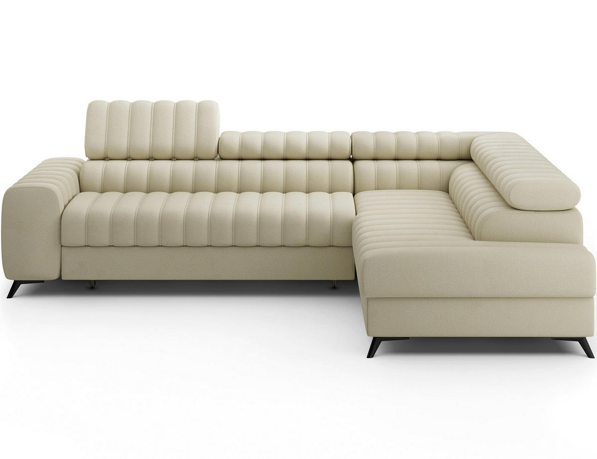 KANEDO Ecksofa mit Schlaffunktion und Bettkasten – Modernes Designsofa, verstellbare Kopfstützen, Metallfüße - Beige, Kunststoff (269/86cm) - Wohnideebilder
