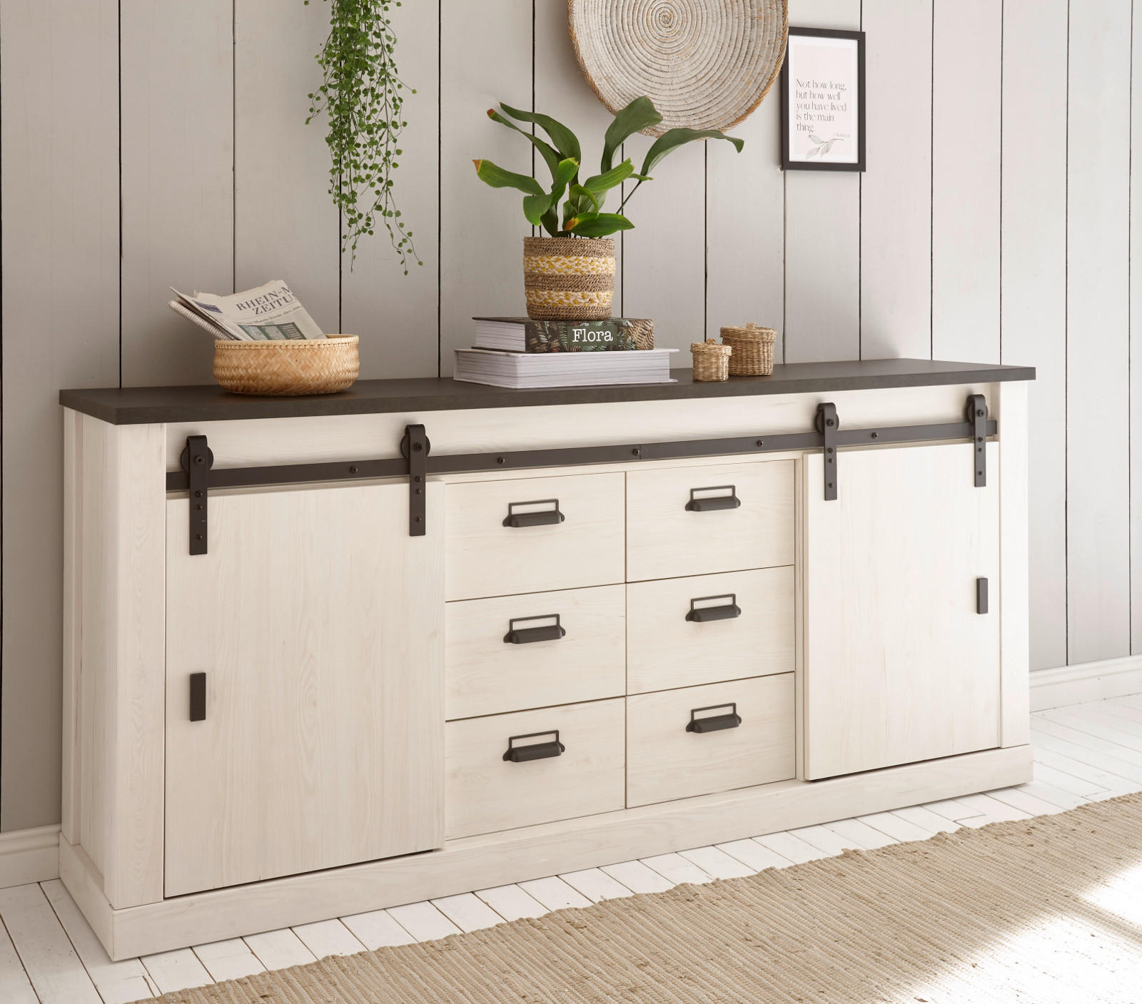 SIDEBOARD weiß Pinie, anthrazit Landhaus, Kommode 201 cm - Anthrazit/Weiß, Holzwerkstoff/Metall (201/91/43cm) - Furn.Design