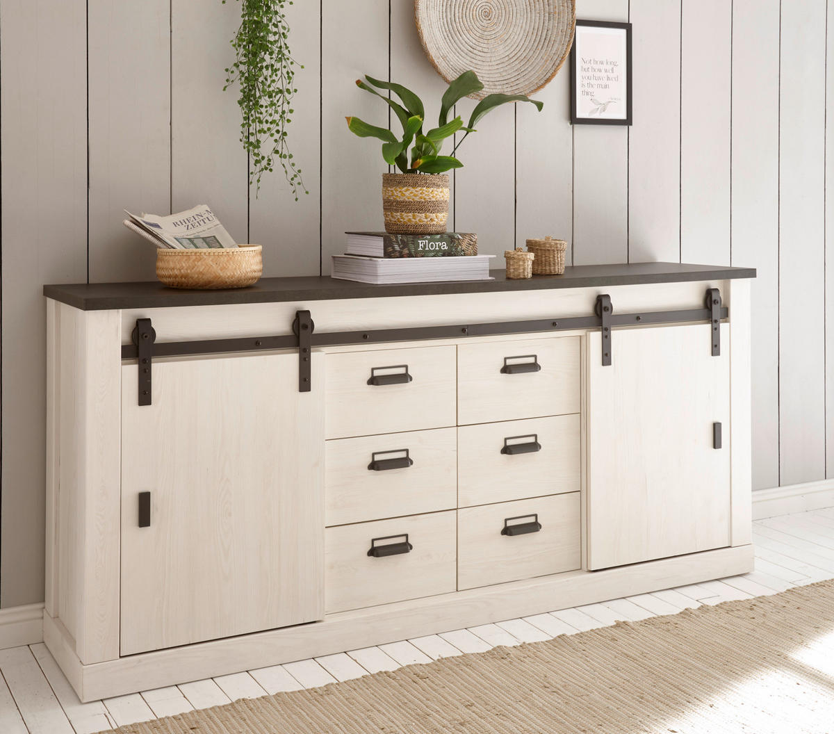 SIDEBOARD weiß Pinie, anthrazit Landhaus, Kommode 201 cm - Anthrazit/Weiß, Holzwerkstoff/Metall (201/91/43cm) - Furn.Design