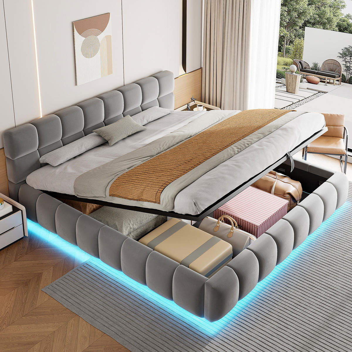 POLSTERBETT 180/200 cm in Grau Samt mit Bettkasten und LED - Grau, Holzwerkstoff/Textil (180/200cm) - STILVORA