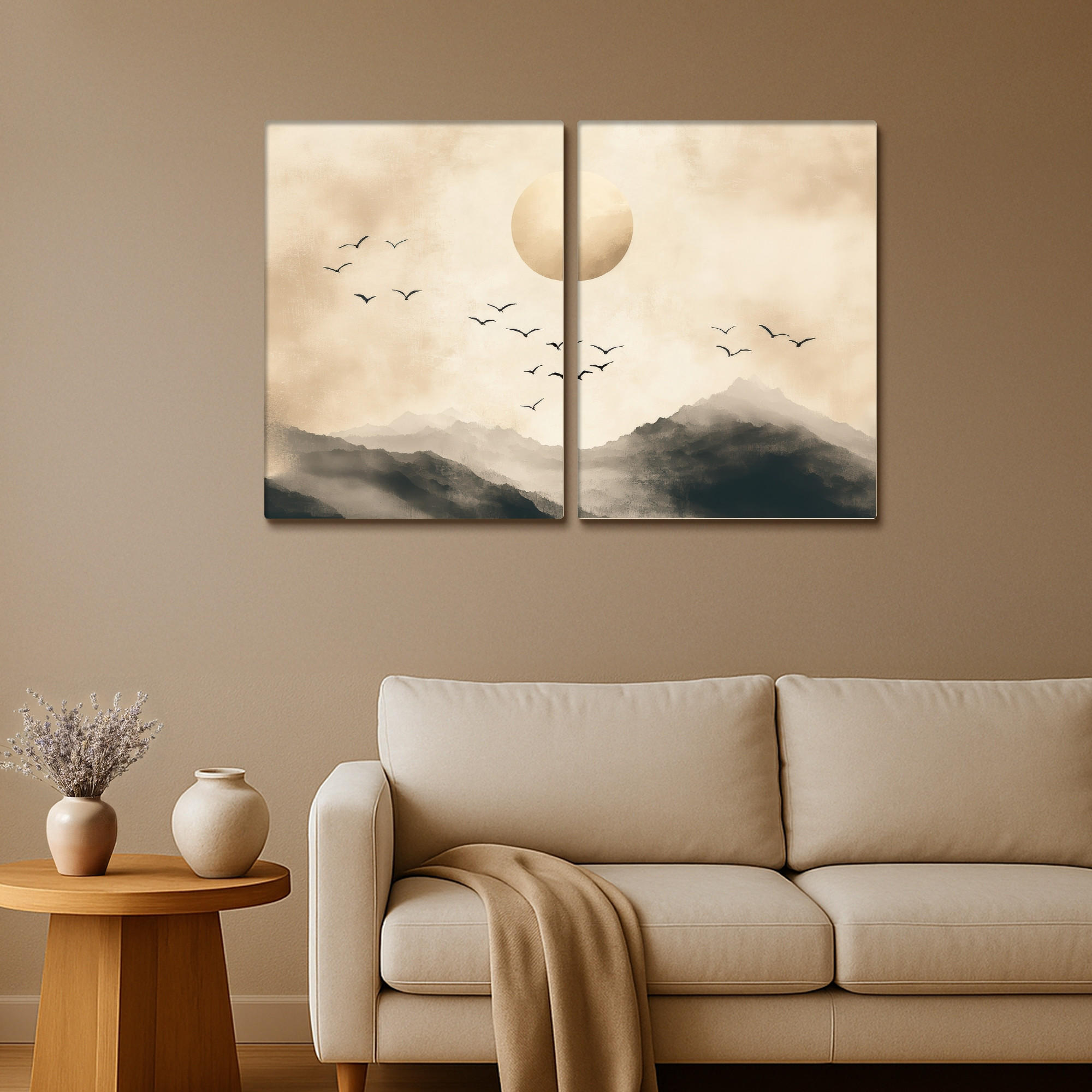 LEINWANDBILD 2er Set Landschaft - Japandi - Beige - Vögel 100x70 cm - Beige, Textil (100/70cm) - MuchoWow
