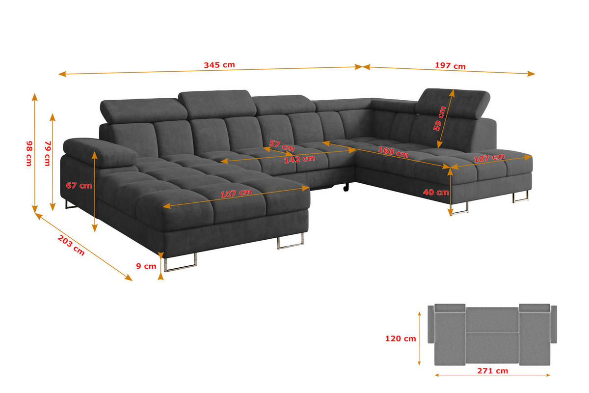 WOHNLANDSCHAFT mit Schlaffunktion und Bettkasten Ottomane RECHTS COMA U 345x203x79 Dunkelgrau Velours - Dunkelgrau, Holzwerkstoff/Textil (203/79/345cm) - ALTDECOR
