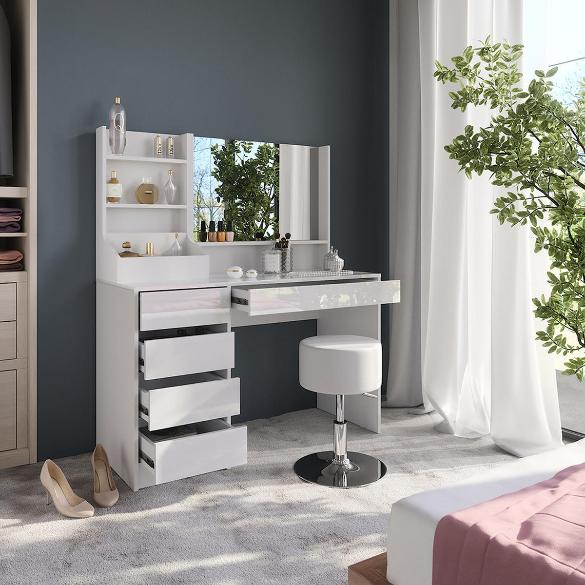 SCHMINKTISCH Sherry Weiß/Weiß Hochglanz 119.8 cm 4 Teile - Weiß Hochglanz, Holzwerkstoff (119.8/76/50.1cm) - Vicco
