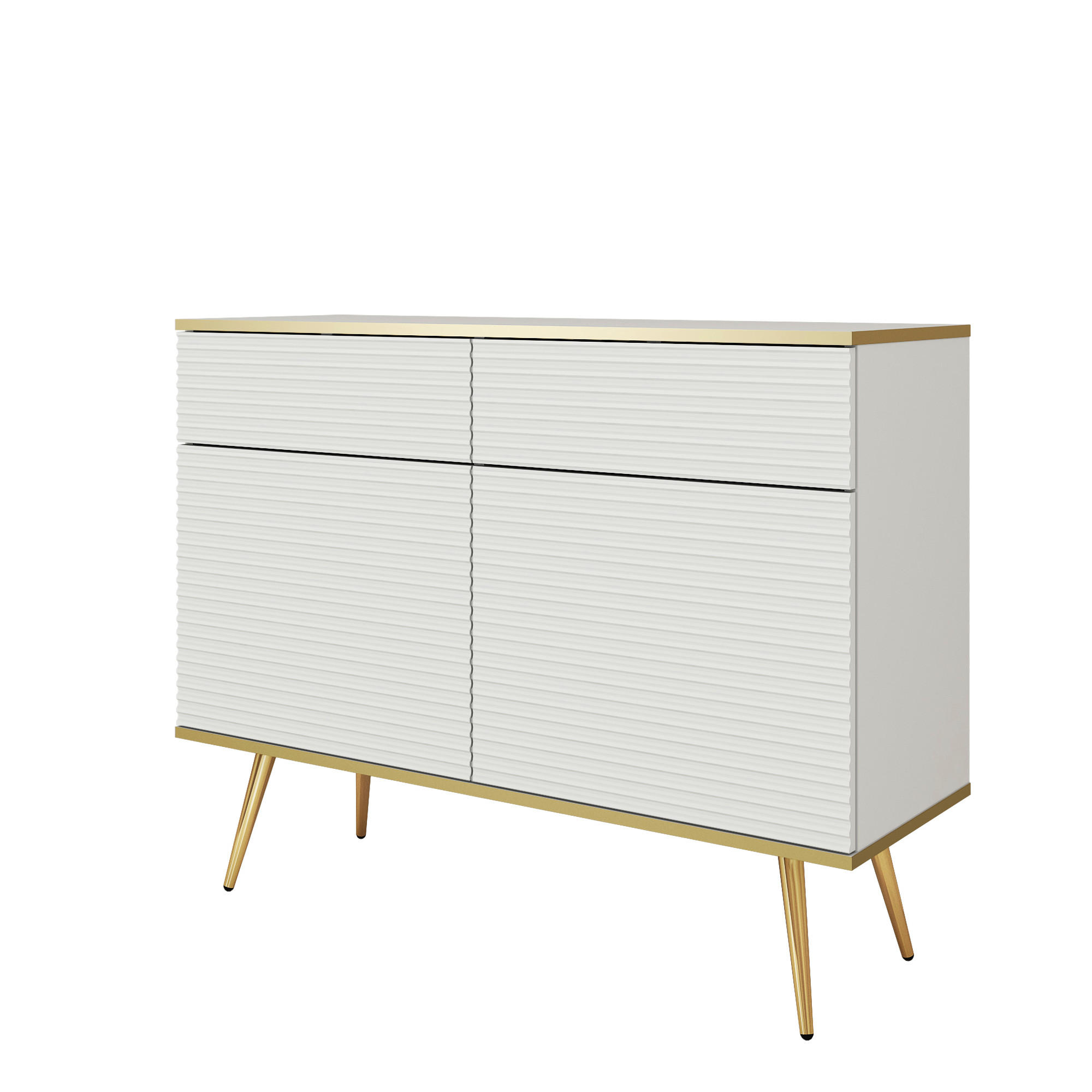 SIDEBOARD BANFF KOM3-2D2S Goldene Metallbeine, geriffelte Fronten, Weiß - Weiß, Holzwerkstoff/Kunststoff (107/85/39cm) - Komodee