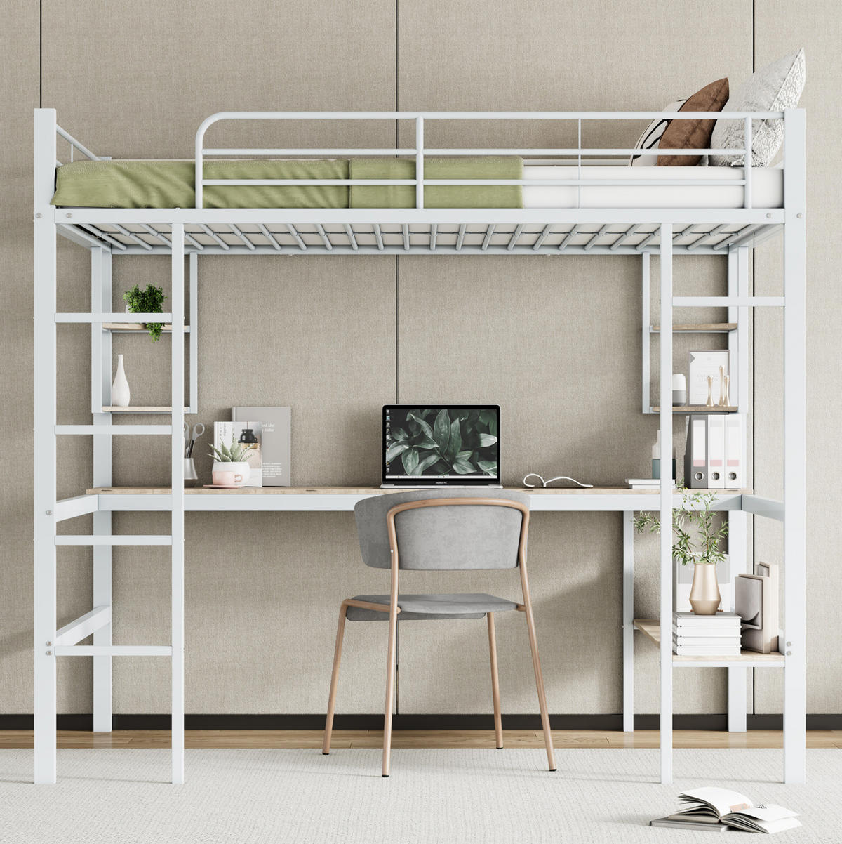 HOCHBETT 140/200 cm aus Metall mit Schreibtisch und Bücherregal, platzsparend und sicher, Weiß - Weiß, Metall (140/200cm) - Redom
