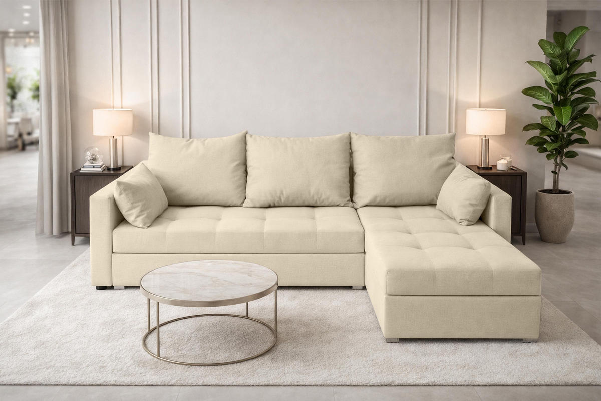 ECKSOFA Universelle L Form Elif Hellbraun 220/140/85 cm stilvolle mit Schlaffunktion - Hellbraun/Silberfarben, Kunststoff/Textil (220/140cm) - AX Living