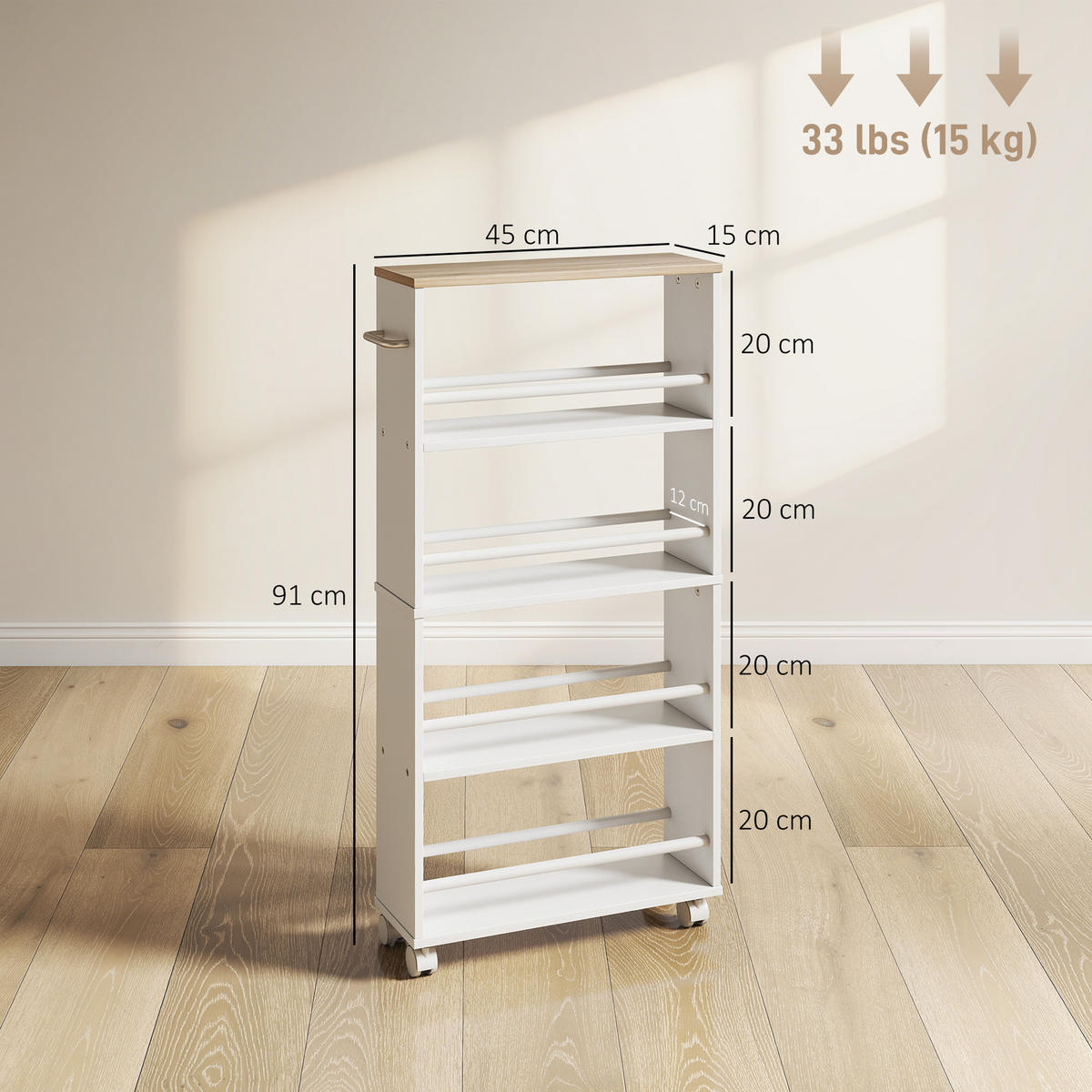 ROLLWAGEN, Schmaler Servierwagen mit 4 Etagen, Griffe, für Küche, Natur - Silberfarben/Naturfarben, Holzwerkstoff/Metall (15/91/45cm) - HOMCOM