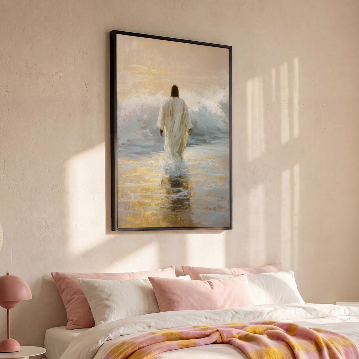 LEINWAND Bilder mit Rahmen - Gemälde - Welle - Jesus - Abstrakt - 90x140 - Goldfarben, Textil (90/140cm) - MuchoWow