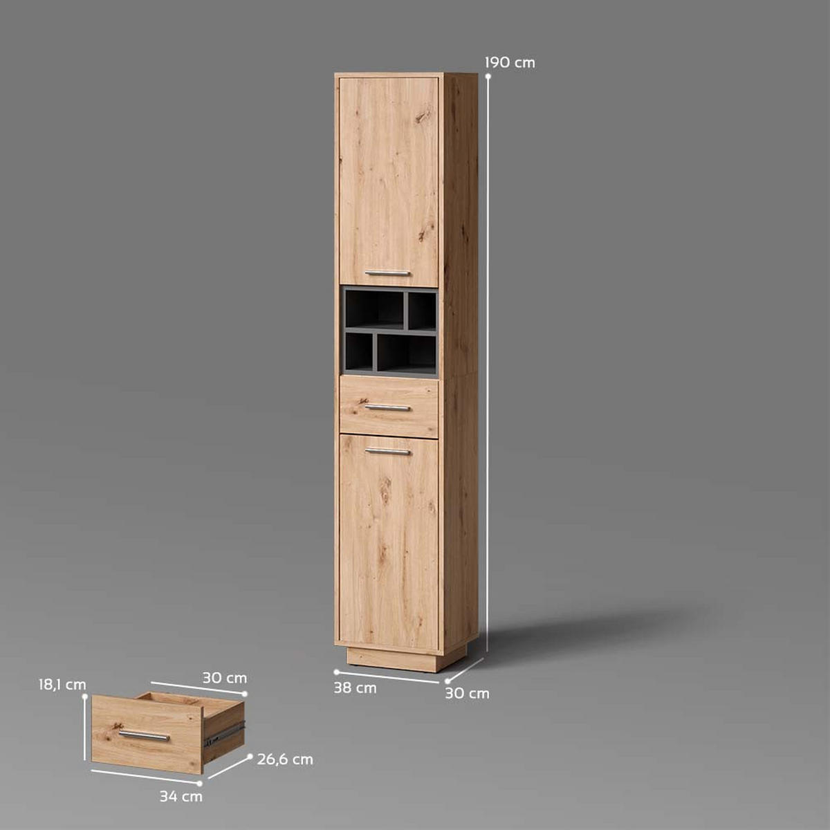 BADSCHRANK Temo Artisan Eiche/Anthrazit 38 x 190 cm mit Türen, Schublade und offenen Fächern - Anthrazit/Eiche Artisan, Holzwerkstoff (38/190/30cm) - Livinity®