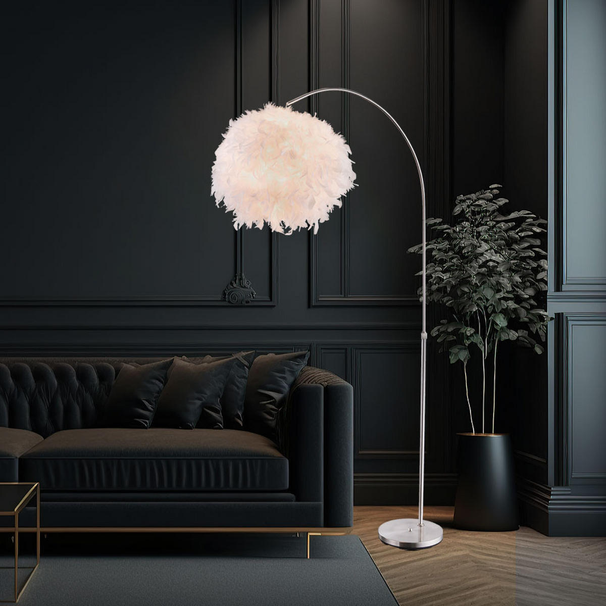 LED STEHLEUCHTE Metall Weiß Feder-Lampenschirm - Weiß, Kunststoff (96/96/196cm) - Globo Lighting