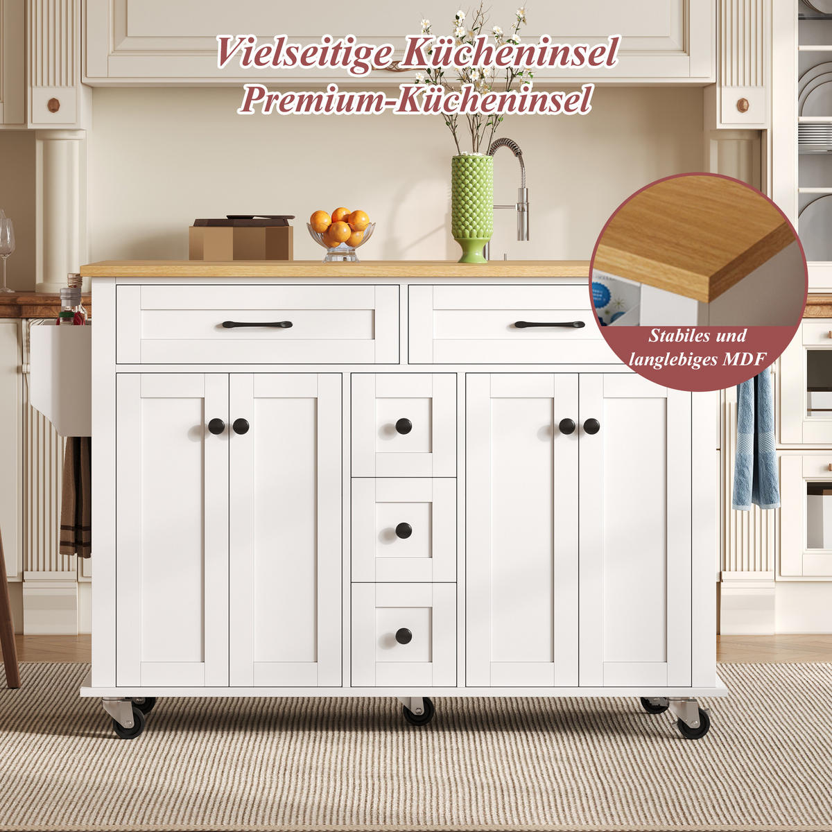 KÜCHENINSELWAGEN 140x65x89cm Weiß mit ausklappbarer Platte, Schubladen & 5 Rollen - Weiß, Holzwerkstoff (140/89/65cm) - Modfu