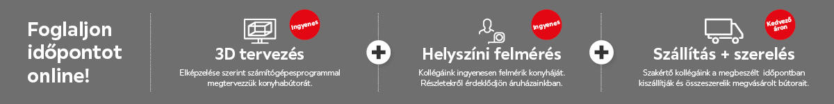 Konyhatervezés folyamatábra: 1. Foglaljon időpontot online! Ingyenes 3D tervezés: Elképzelése szerint számítógépes programmal megtervezzük konyhabútorát. 2. Ingyenes helyszíni felmérés 3. Kedvező árú szállítási és szerelési szolgáltatás.