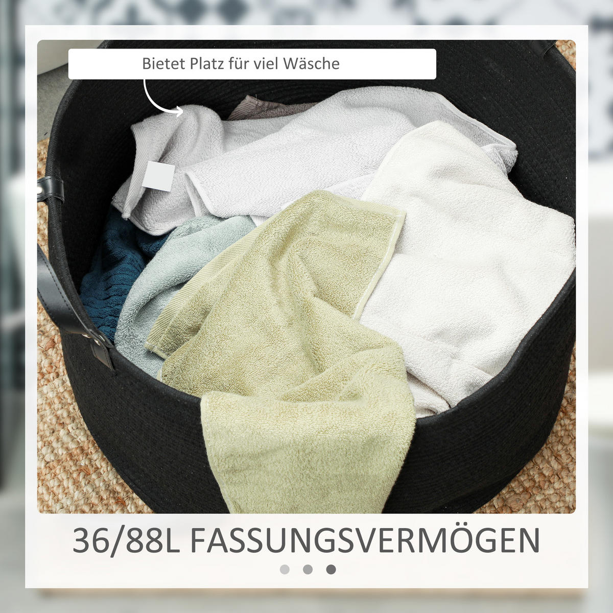 WÄSCHEKORB 88L Klappbar Wäschesammler mit Griff, 56 x 56 x 35,5 cm, Schwarz - Schwarz, Textil (56/35.5/56cm) - HOMCOM