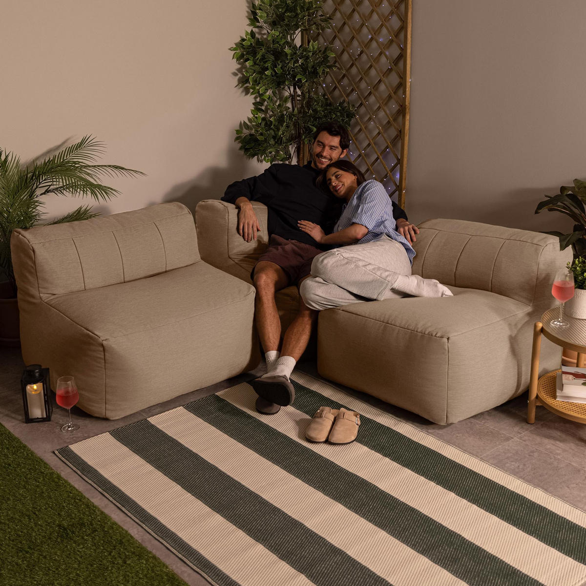 SITZSACK-SOFA Outdoor 3 tlg.: Ecksessel, 2 Sessel - Beige, Textil (290/68/100cm) - icon