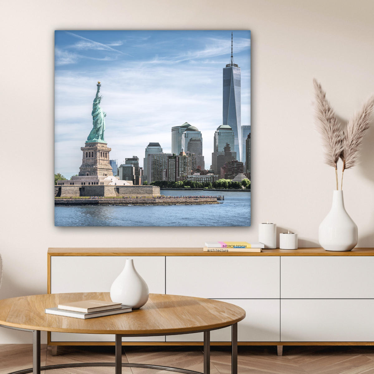 LEINWANDBILD New York - Freiheitsstatue - Wasser Deko Groß 90x90 cm - Hellblau, Textil (90/90cm) - MuchoWow
