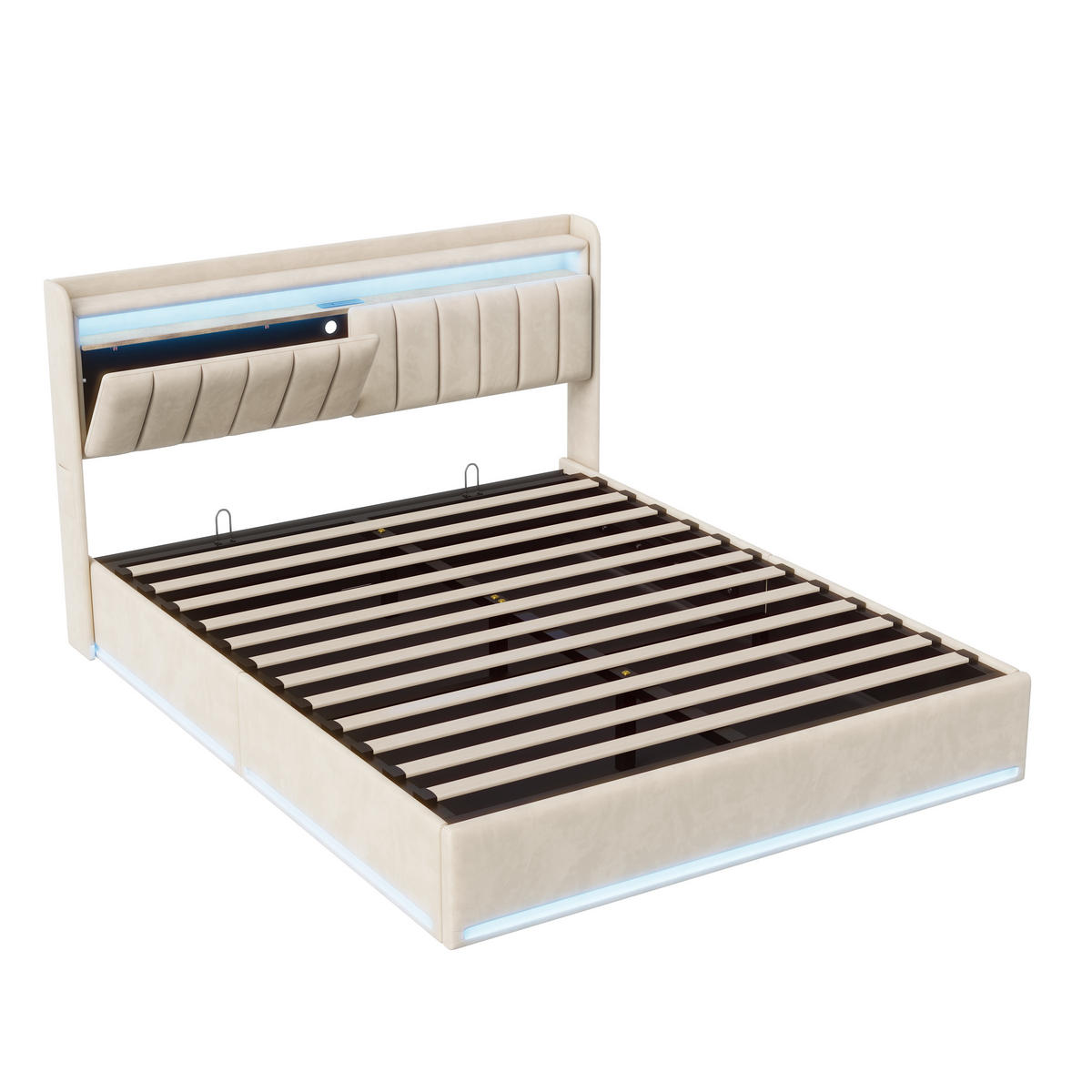 POLSTERBETT 140x200 cm mit LED, Bettkasten & USB, Beige - Beige, Metall (140/200cm) - EuroLiving