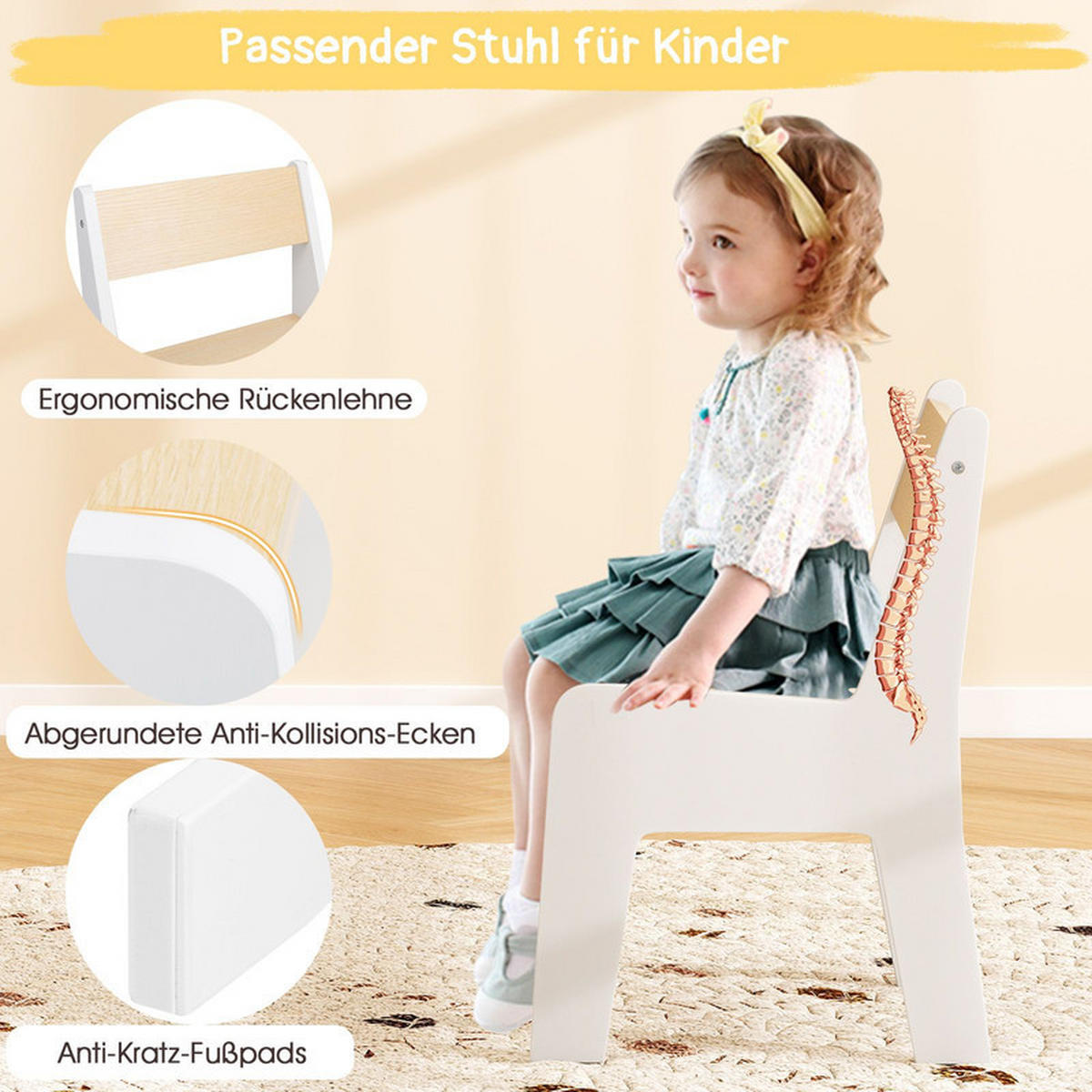 KINDERTISCH mit Stuhl weiß(2-tlg) - Weiß, Holzwerkstoff (61.5/59/47cm) - COSTWAY