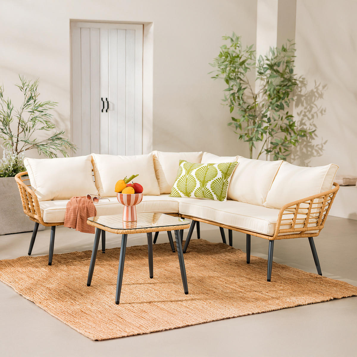 LOUNGESET - 4-teilig - Polyrattan / Polyester - Braun / Creme - Beige/Braun, Glas/Kunststoff - home24