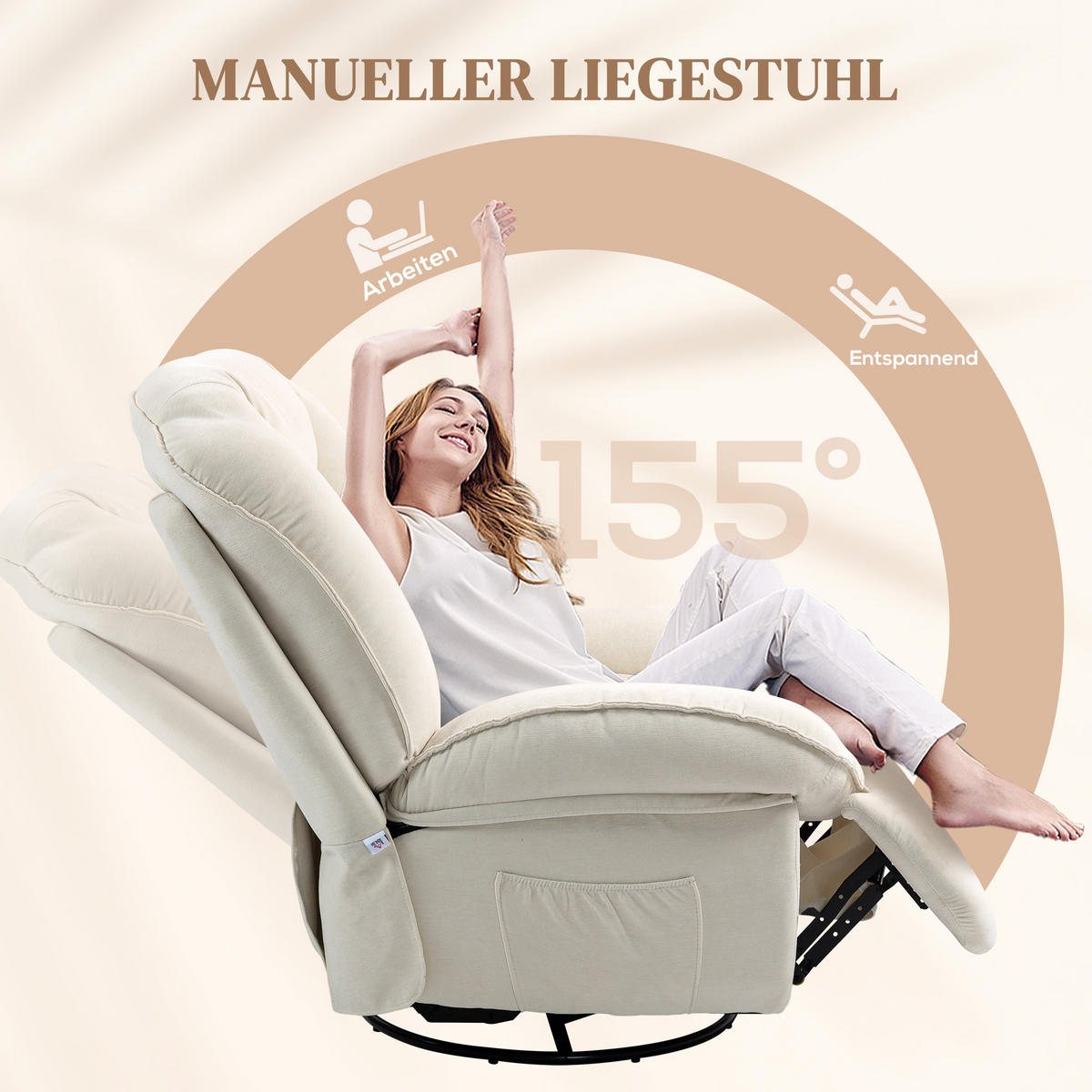 RELAXSESSEL Fernsehsessel mit Liegefunktion, Schaukelfunktion für Wohnzimmer - Creme/Schwarz, Textil/Metall (100/102/104cm) - HOMCOM