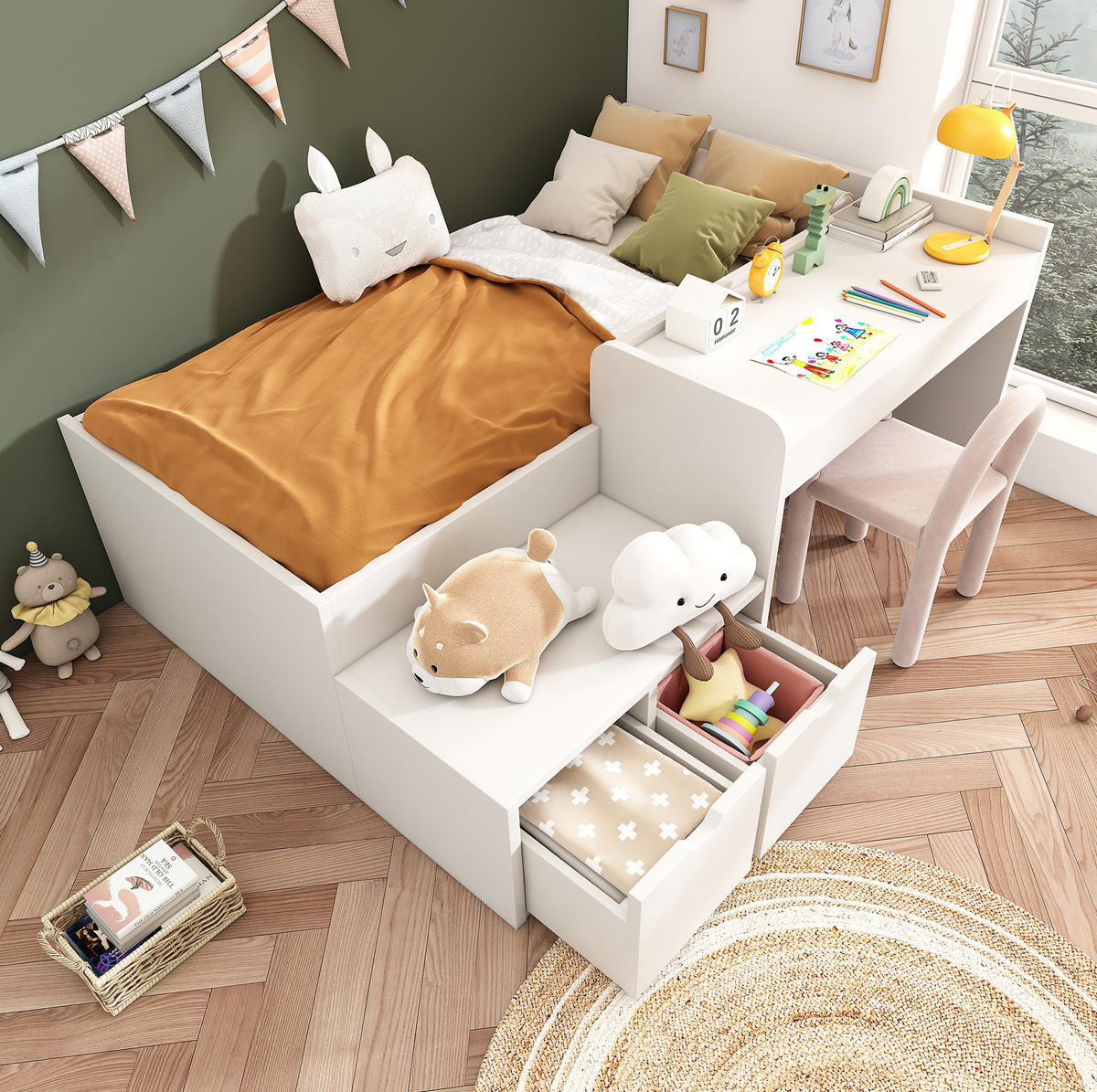 KINDERBETT 90/200 cm aus Kiefer-Massivholz und MDF mit Schreibtisch und 2 Schubladen Weiß - Weiß, Holzwerkstoff (90/200cm) - Modenvie