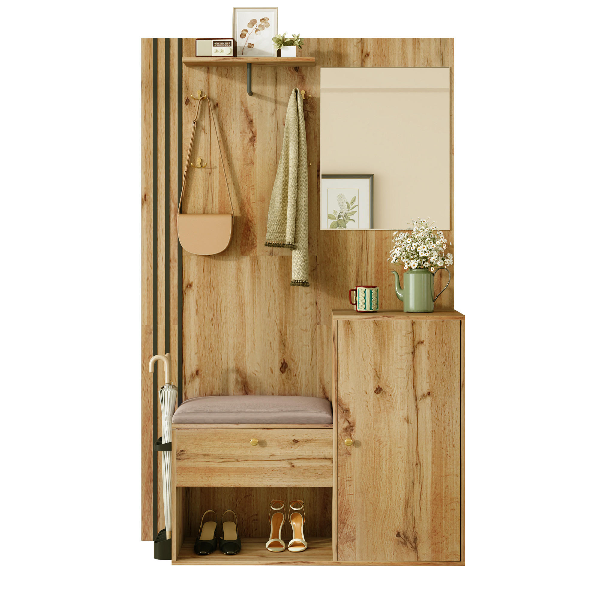 FLURGARDEROBE 115/37/185 cm mit Spiegel, Sitzkissen, Soft-Close und Schirmablage, Natur - Naturfarben, Holzwerkstoff (37/185/115cm) - Redom