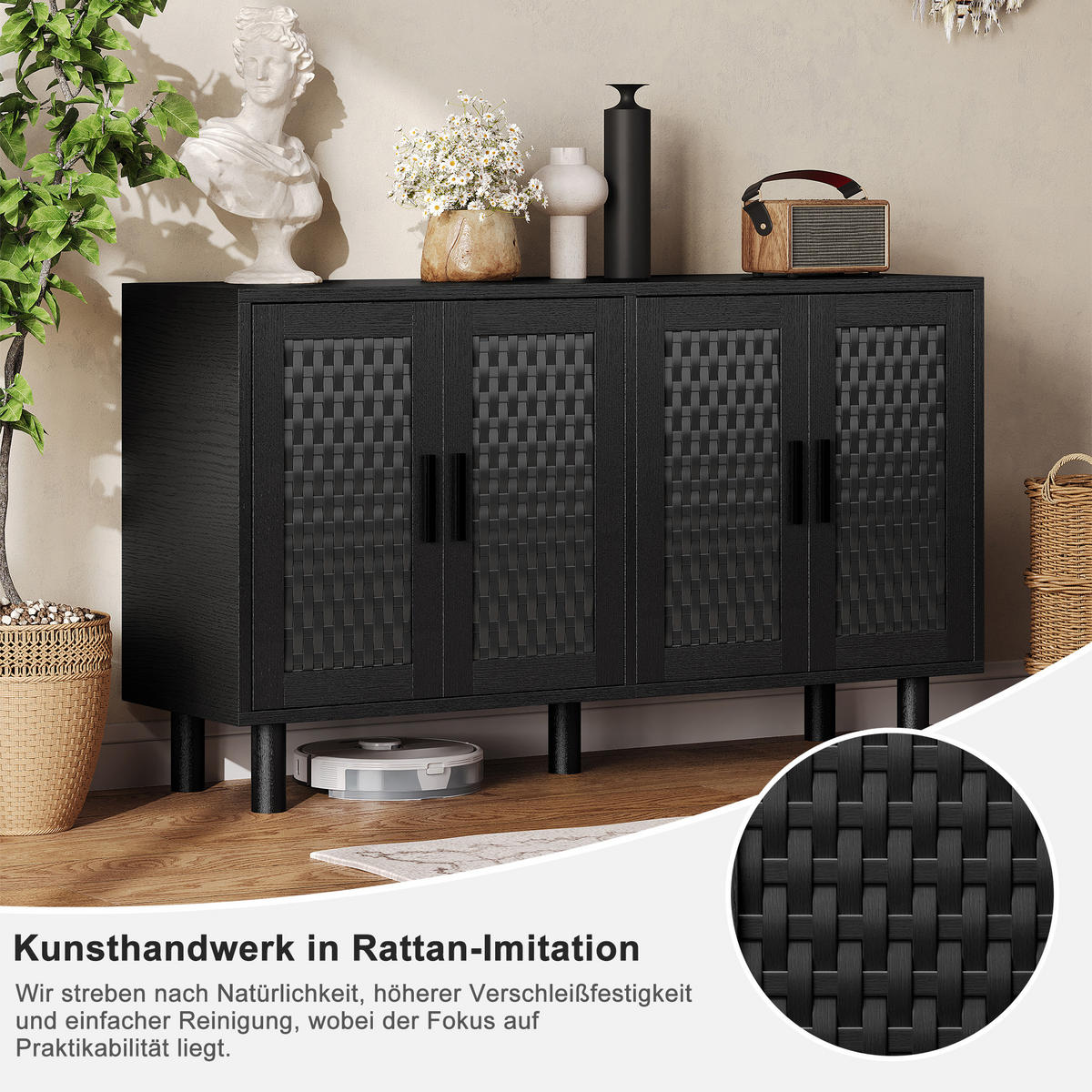 SIDEBOARD 140x40x80 cm Rattan Stauraum schwarz - Schwarz, Holz (140/80/40cm) - Fortuna Lai