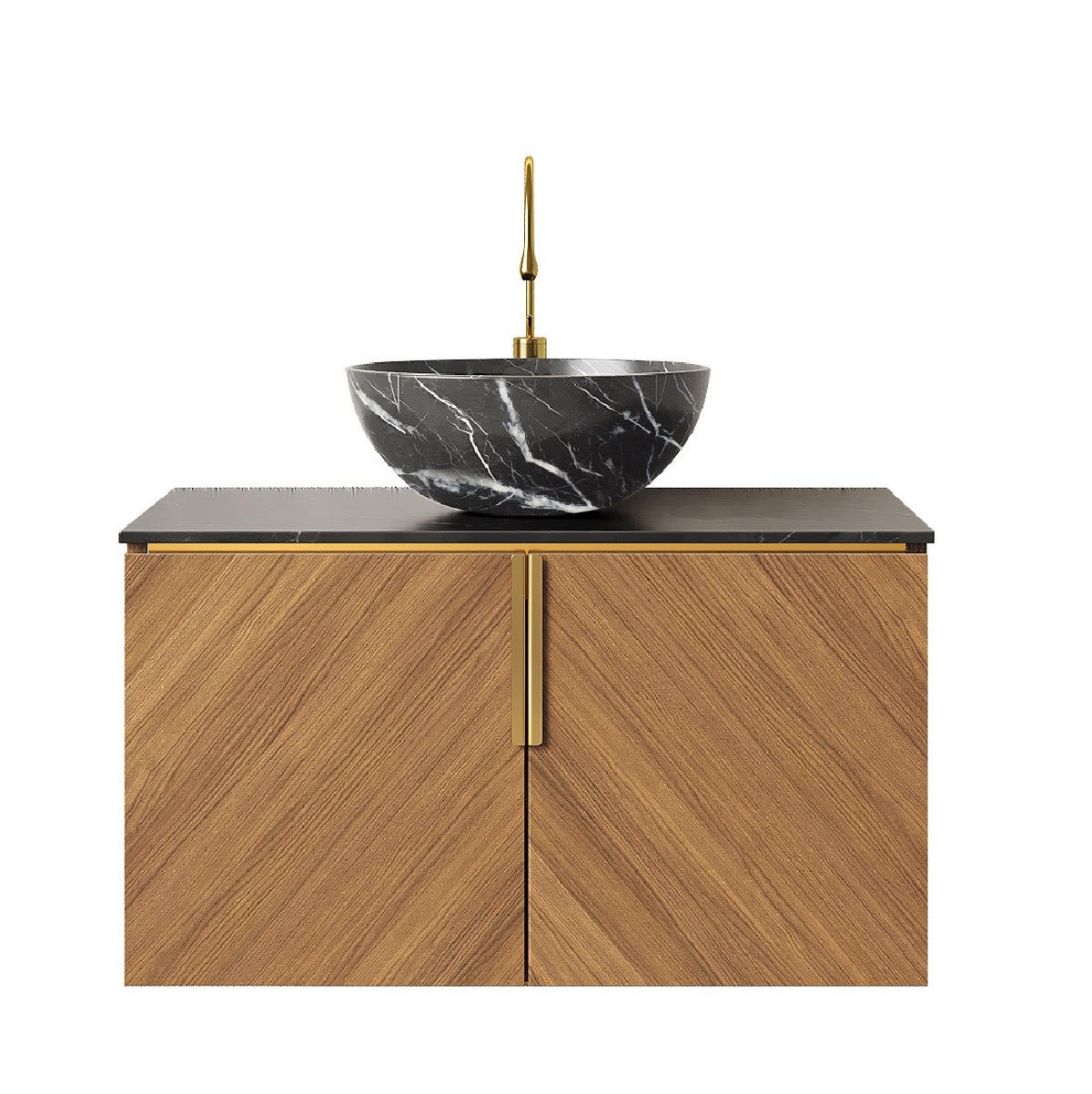 WANDMONTIERTER Badezimmer-Waschtisch aus Keramik und Sinterstein 76x50x55 cm, Schwarz/Braun Eiche, mit 2 Türen und Soft-Close-System - Schwarz, Keramik (76/55.1/50cm) - Modfu