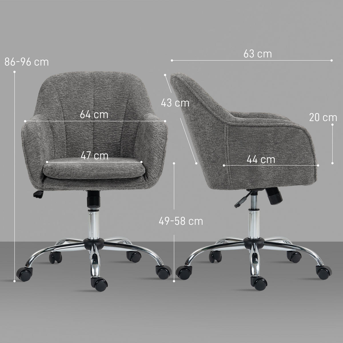 SCHREIBTISCHSTUHL Samt (100% Polyester), Stahl Grau - Chromfarben/Grau, Textil/Metall (63/96/64cm) - HOMCOM