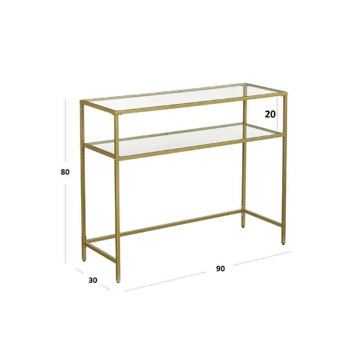 METALLKONSOLE mit 2 Regalen aus gehärtetem Glas 30/90/80 cm - Goldfarben, Metall (31/30/80cm) - Calicosy