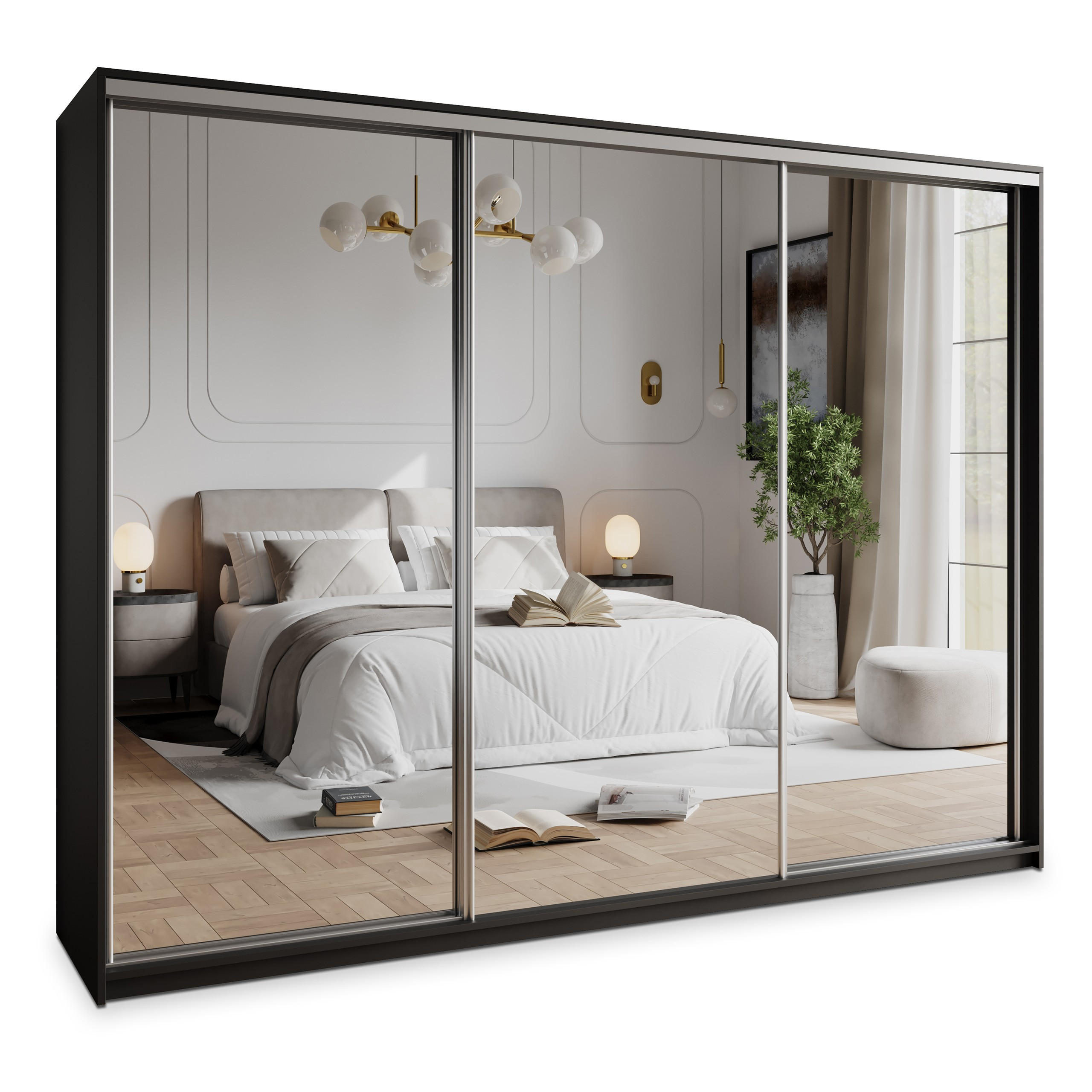 SCHWEBETÜRENSCHRANK RIEN 270/205/60 cm 3-türig mit Spiegel Schwarz - Schwarz, Holzwerkstoff (270/205/60cm) - MASSENO