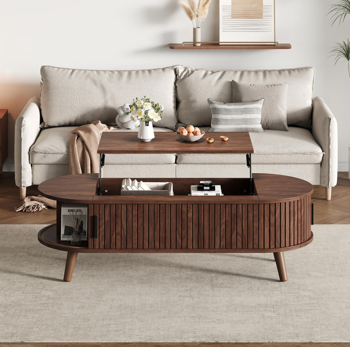 COUCHTISCH 120/50/39,5 cm höhenverstellbar mit verborgenem Stauraum und Rollladenfächern aus MDF/Holz, Nussbaum - Nussbaumfarben, Holzwerkstoff (120/50/39.5cm) - Redom