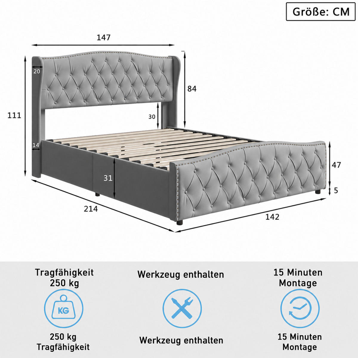 POLSTERBETT 140/200 cm mit Hydraulik-Bettkasten & Wingback-Kopfteil - Grau, Holz/Metall (140/200cm) - Joyfair