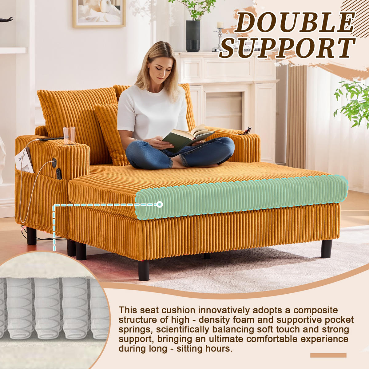 RELAXLIEGE XXL Polsterliege,Relaxsessel,3 Zierkissen,Cord,Gelb - Gelb, Textil (128/85/142cm) - LVHOM