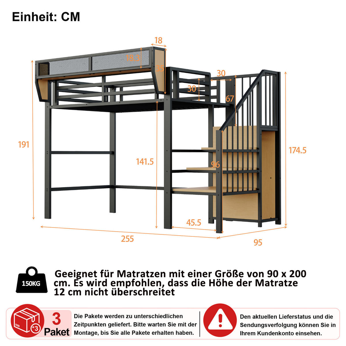 HOCHBETT 90/200 cm in Schwarz mit Sicherheitsleiter und Regal - Schwarz, Holzwerkstoff/Metall (90/200cm) - CHICFURN