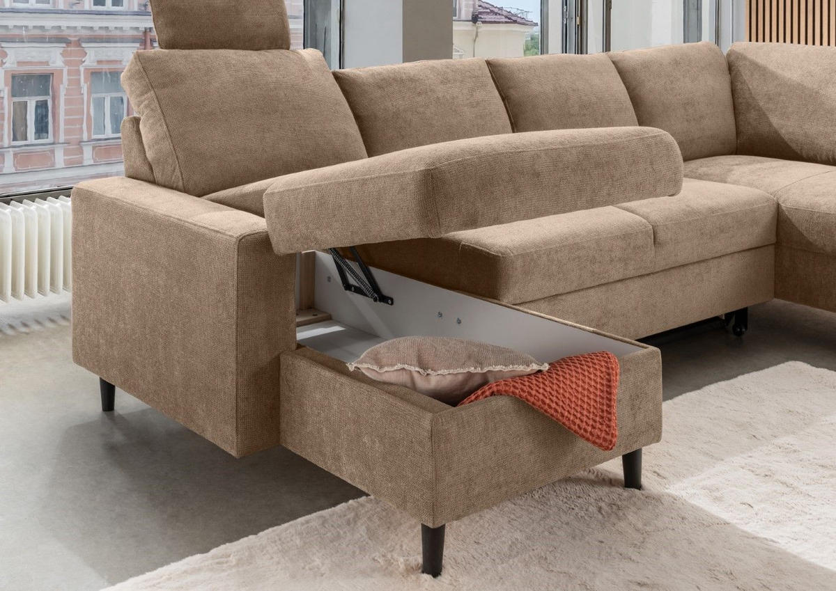 WOHNLANDSCHAFT mit Schlaffunktion und Bettkasten - Hellbraun/Schwarz, Kunststoff/Textil (200/88/305cm) - myHomelando