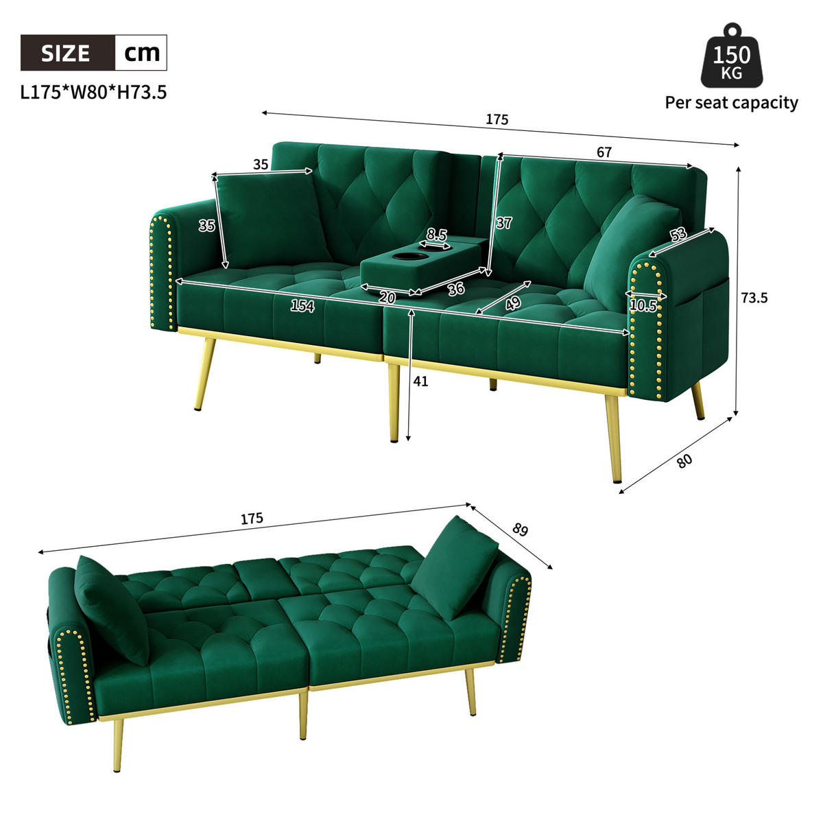 SCHLAFSOFA mit Liegefunktion 175 x 80 cm Samt Grün mit 2 Kissen - Grün, Holzwerkstoff (175/73.5/80cm) - Meubliv