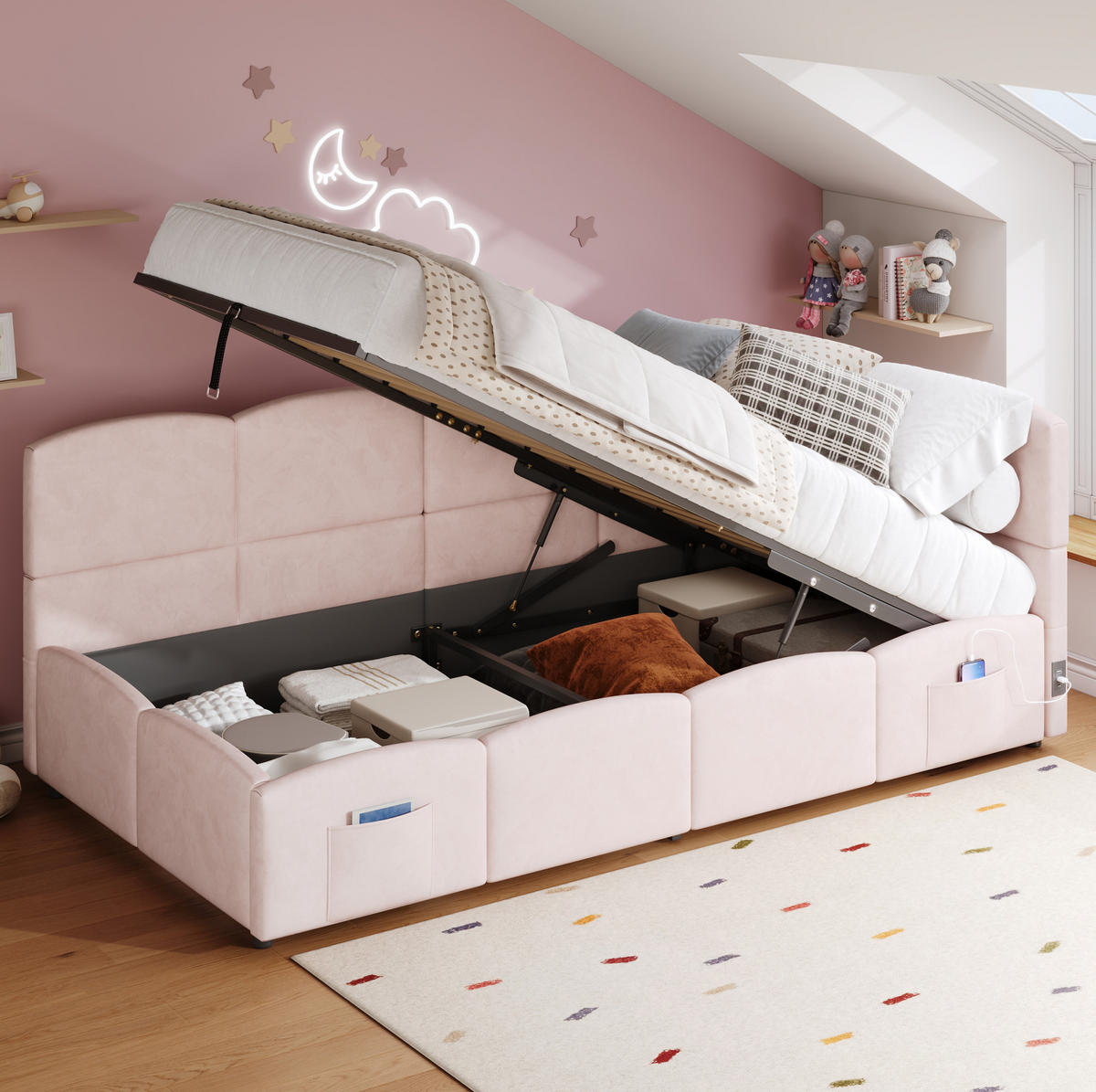 POLSTERBETT 90/200 cm mit hydraulischem Stauraum, USB-A/USB-C und Seitentaschen, Samt, Rosa - Rosa, Textil (90/200cm) - Redom