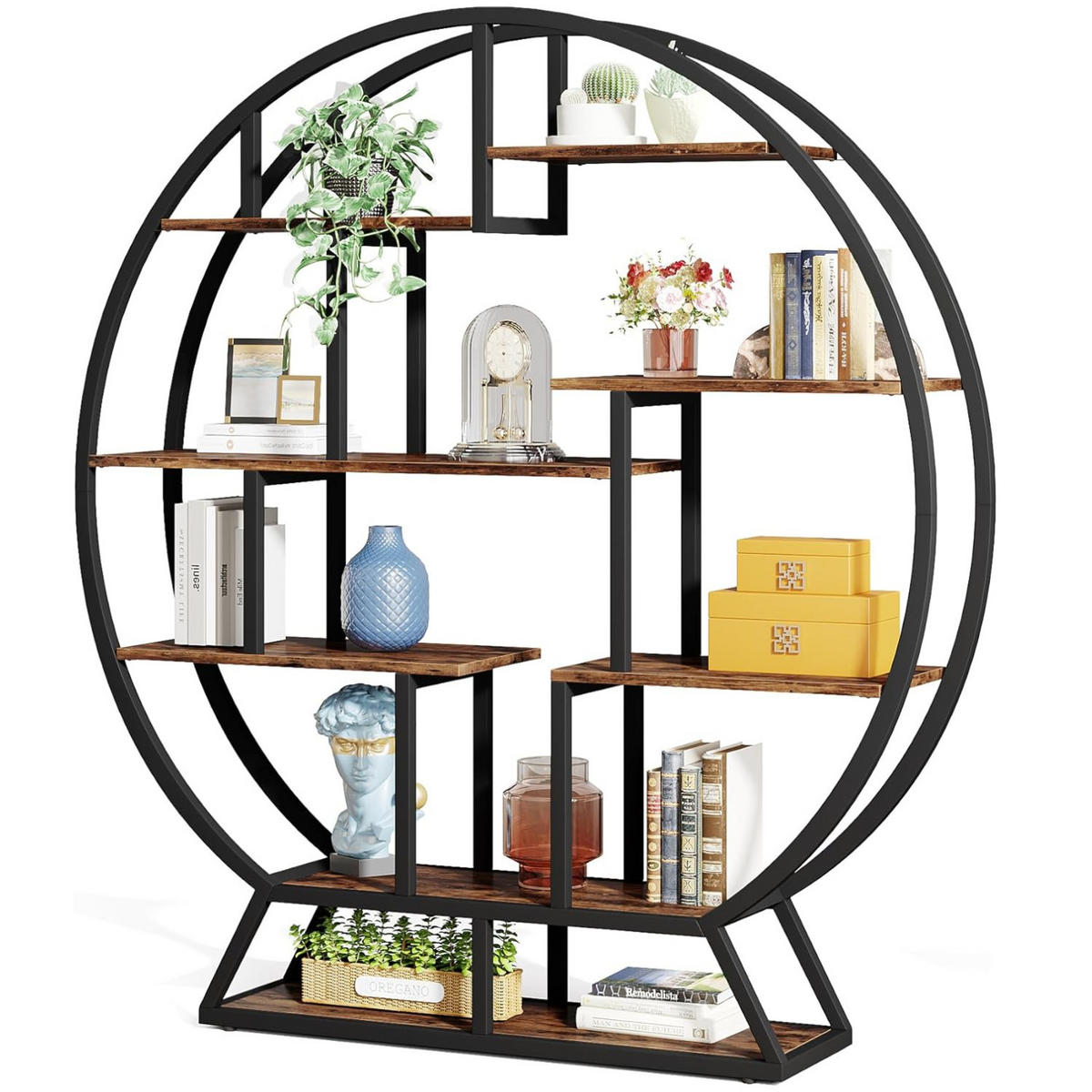 STANDREGAL Holzoptik Braun Metall Schwarz Rund Design - Ahornfarben/Braun, Holzwerkstoff/Metall (150/159/30cm) - Quality Elegance