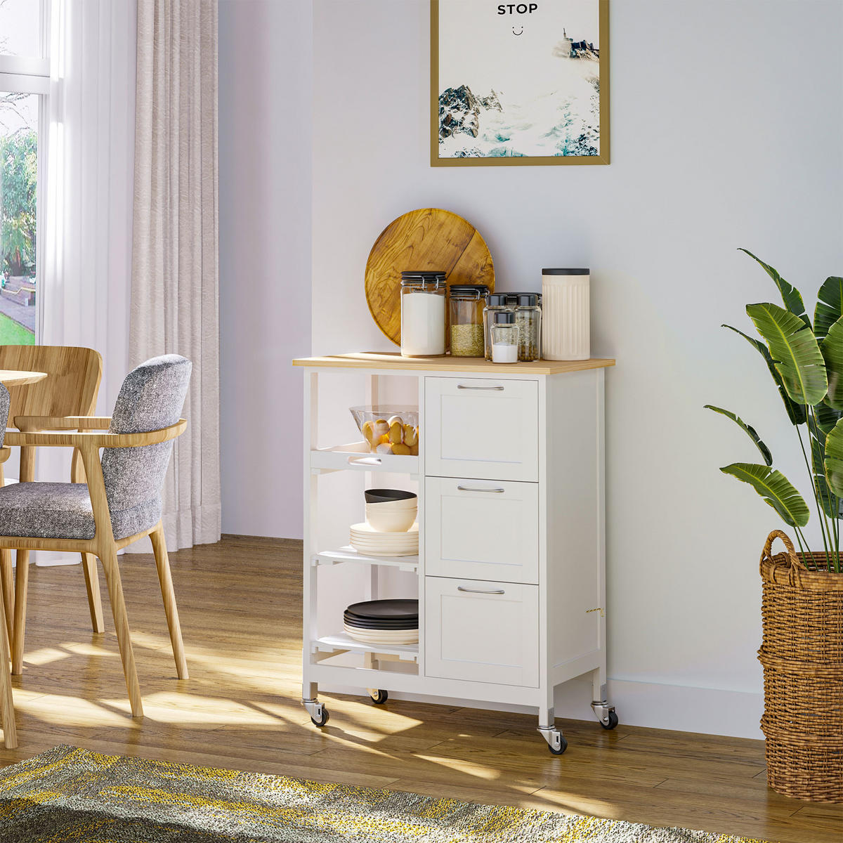KÜCHENWAGEN, MDF, Kiefernholz, Natur+Weiß - Naturfarben, Kunststoff (37/84/67cm) - HOMCOM