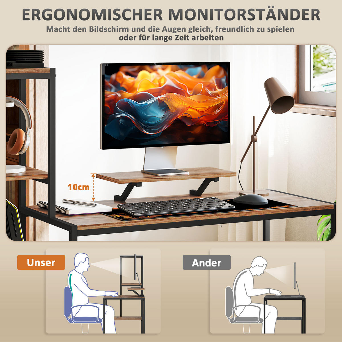 SCHREIBTISCH Computertisch mit Monitorständer, CPU-Ständer, 150 x 48 x 125 cm, Braun - Braun, Holzwerkstoff (48/150/125cm) - HOMCOM