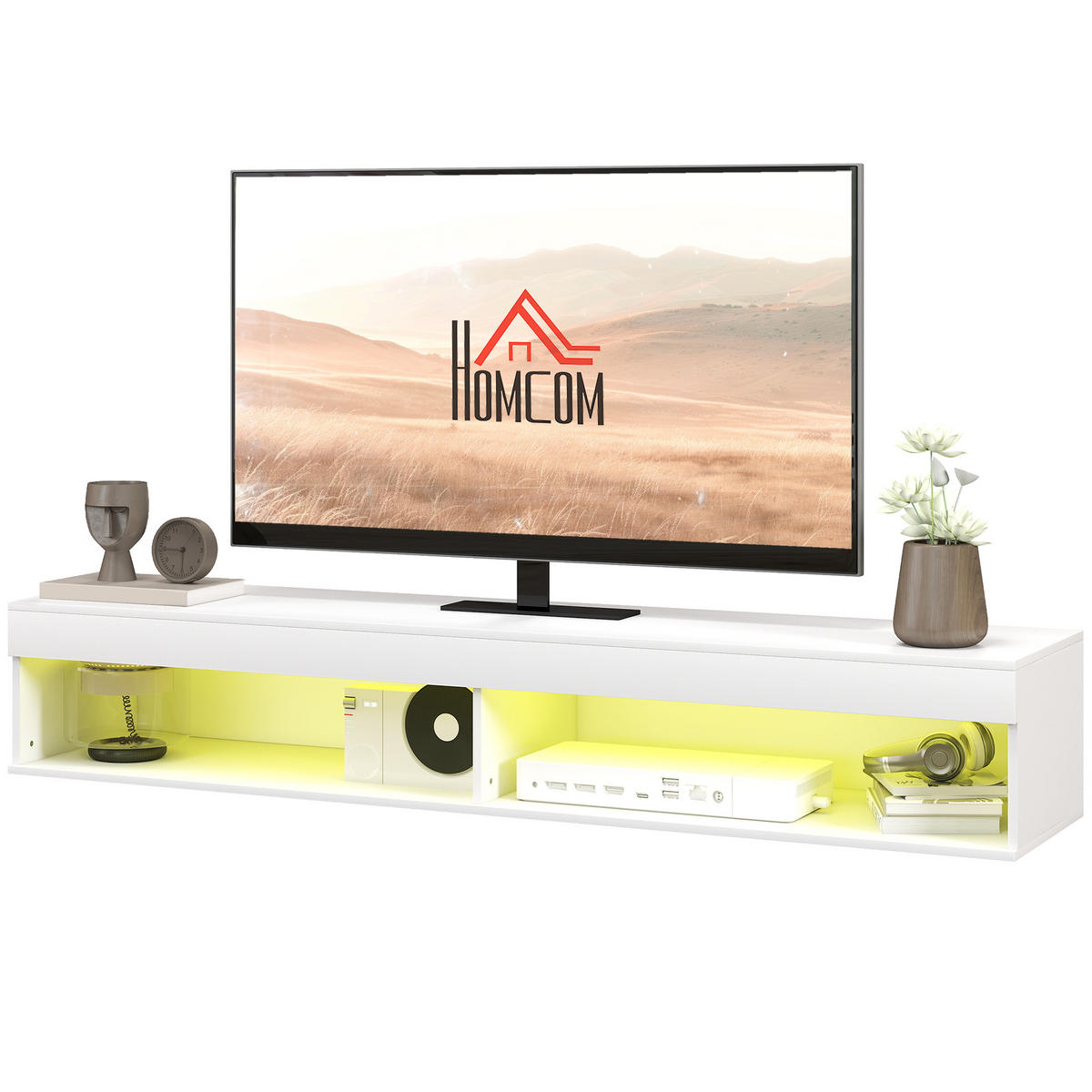 TV-LOWBOARD Weiß 180/40/30 cm, Hängend, LED-Beleuchtung, 2 Klappen - Weiß, Holz (180/30/40cm) - PANGIVO