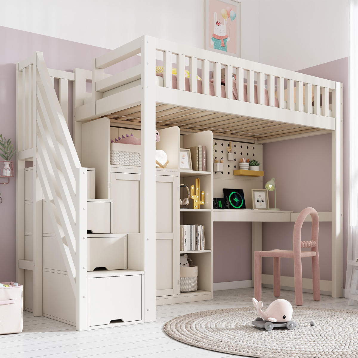 HOCHBETT 90/200 cm aus Holz mit Schreibtisch, Leiterschrank, Kleiderschrank und USB/Typ-C, Weiß - Weiß, Holzwerkstoff (90/200cm) - Redom