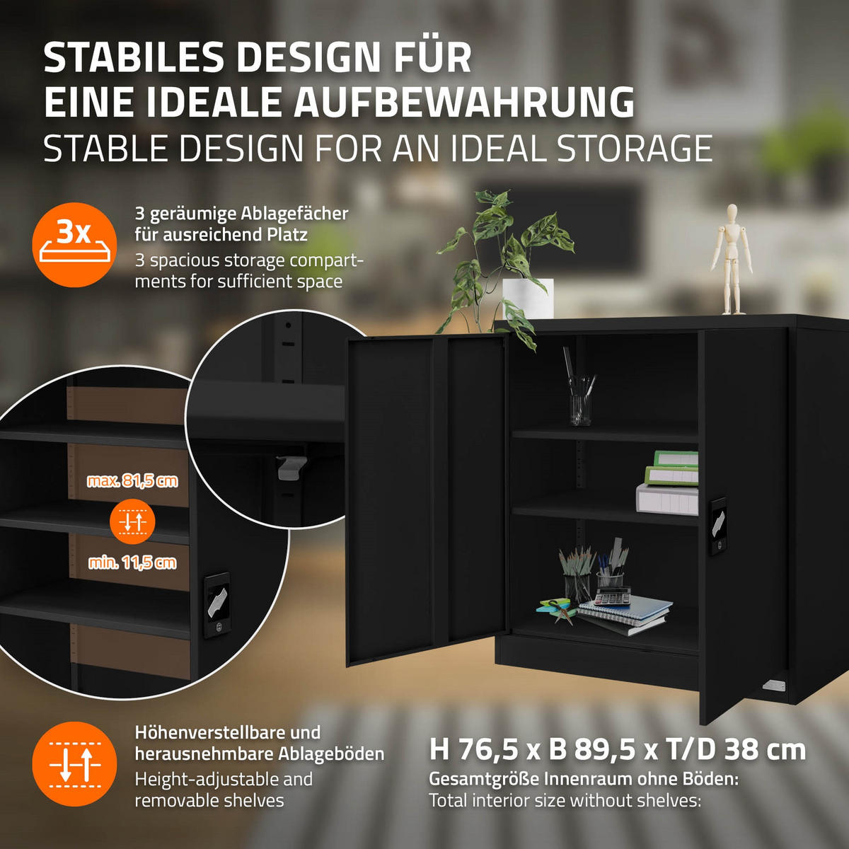 AKTENSCHRANK 90x40x90 cm Schwarz aus Stahl - Schwarz, Metall (40/90/90cm) - ML-DESIGN