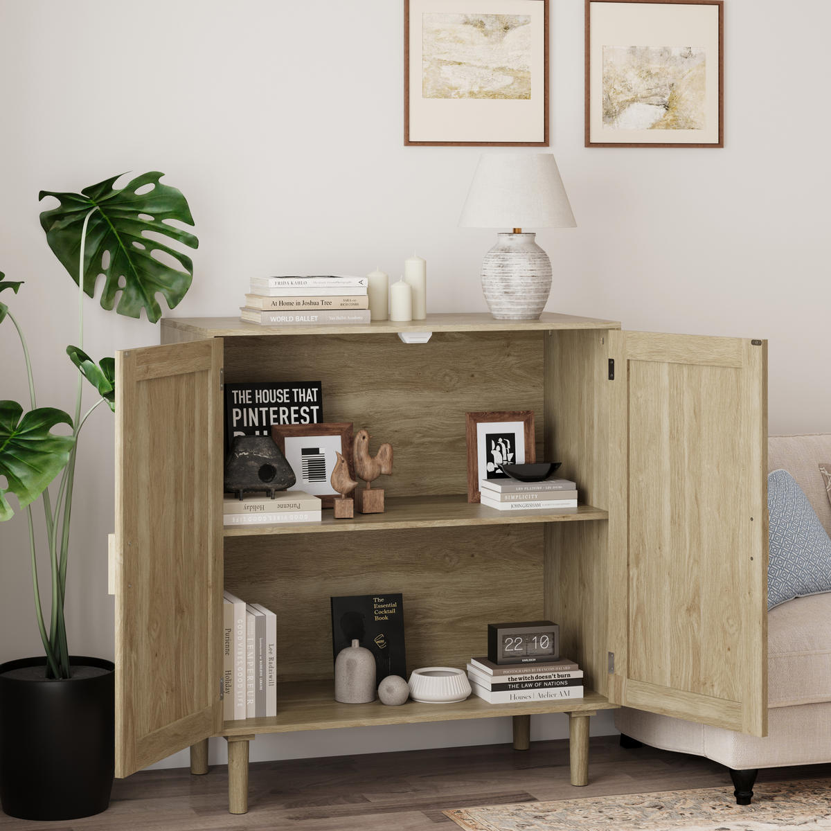 SIDEBOARD DE-38128 80/40/88 cm mit 2 Türen und Rattan-Optik Natur - Naturfarben, Holzwerkstoff (80/88/40cm) - ComfortXL