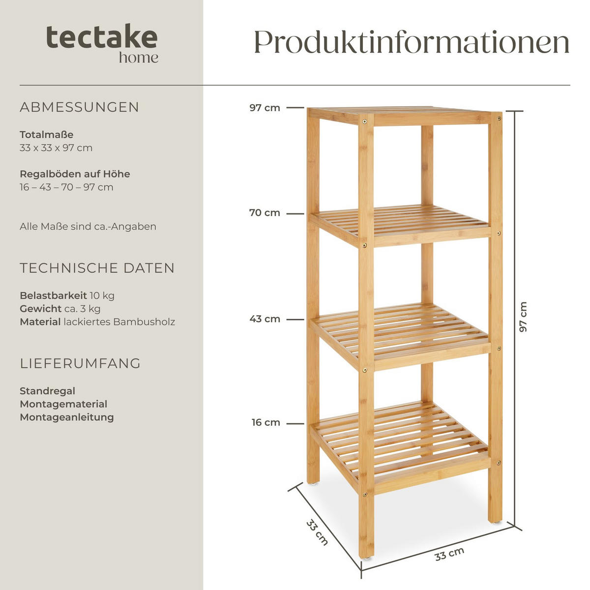 BADREGAL Cornelia, 33 x 33 x 97 cm, braun - Braun, Holz (33/97/33cm) - tectake
