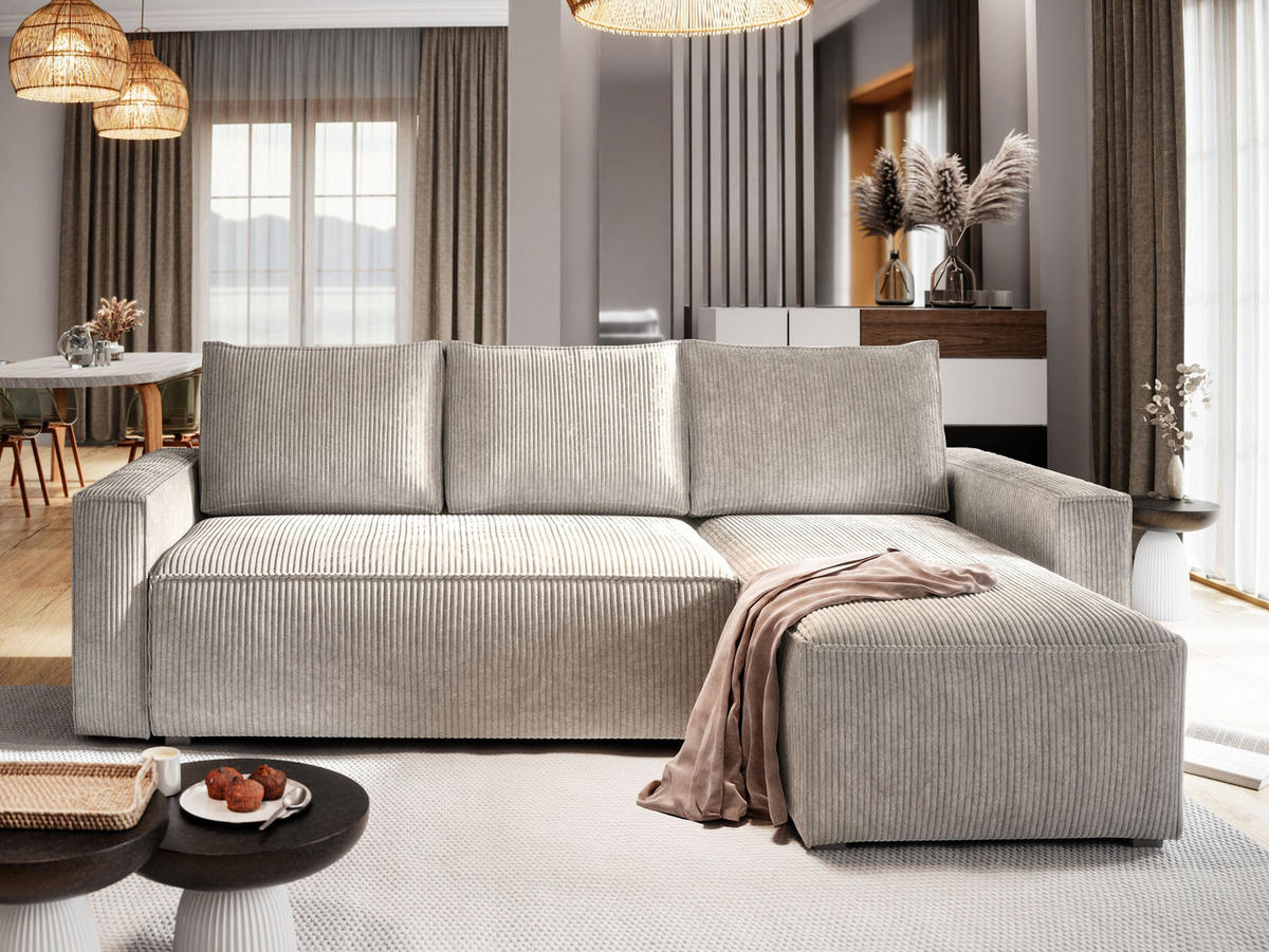 ECKSOFA POTARO Creme Kordstoff mit Schlaffunktion - Creme, Holz (232/140cm) - MASSENO