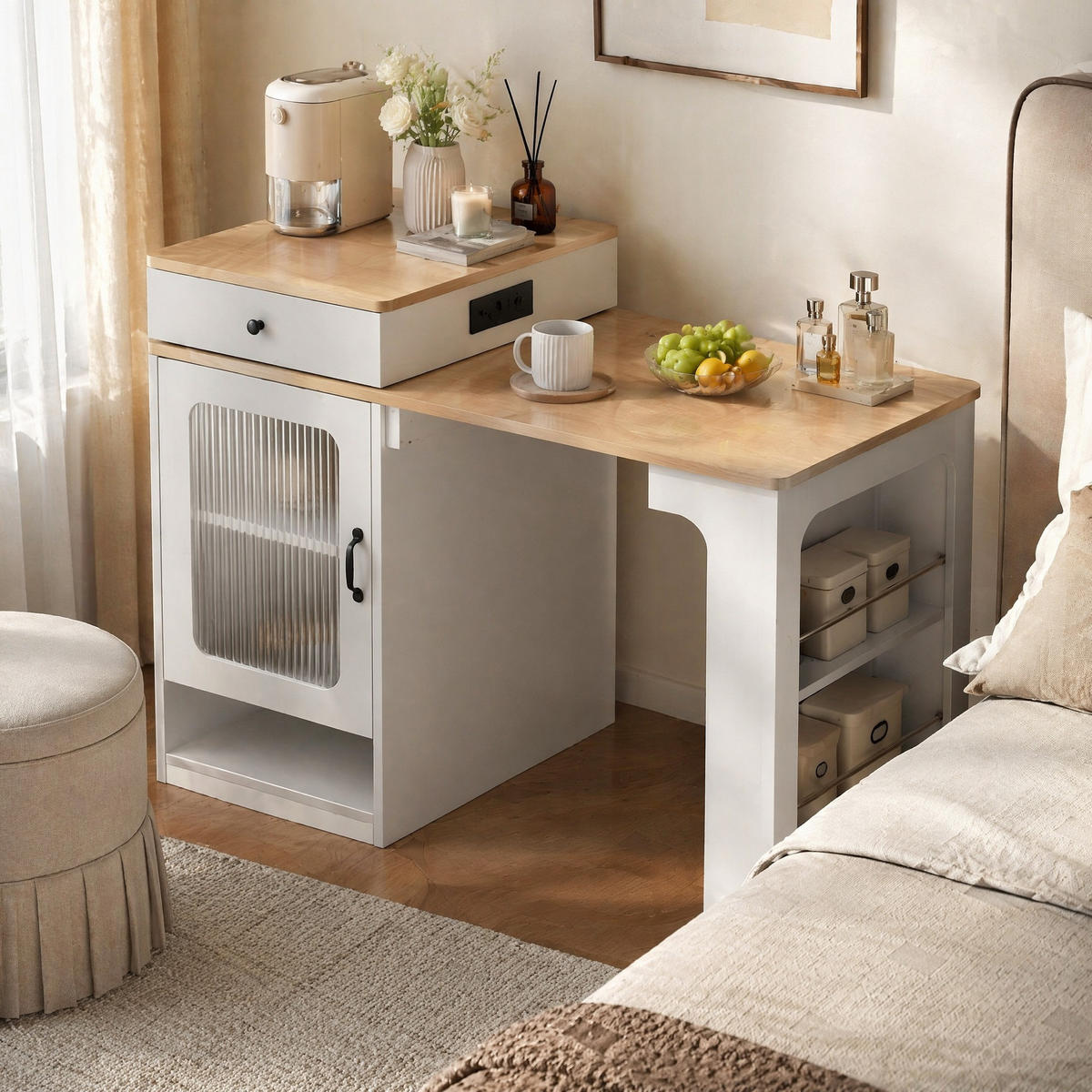 KÜCHENINSEL in Naturfarbe und Weiß Servierwagen mit ausziehbarer Tischplatte für Esszimmer und Küche, B71/T80/H92 cm - Naturfarben/Weiß, Glas/Holzwerkstoff (151/92/80cm) - STILVORA