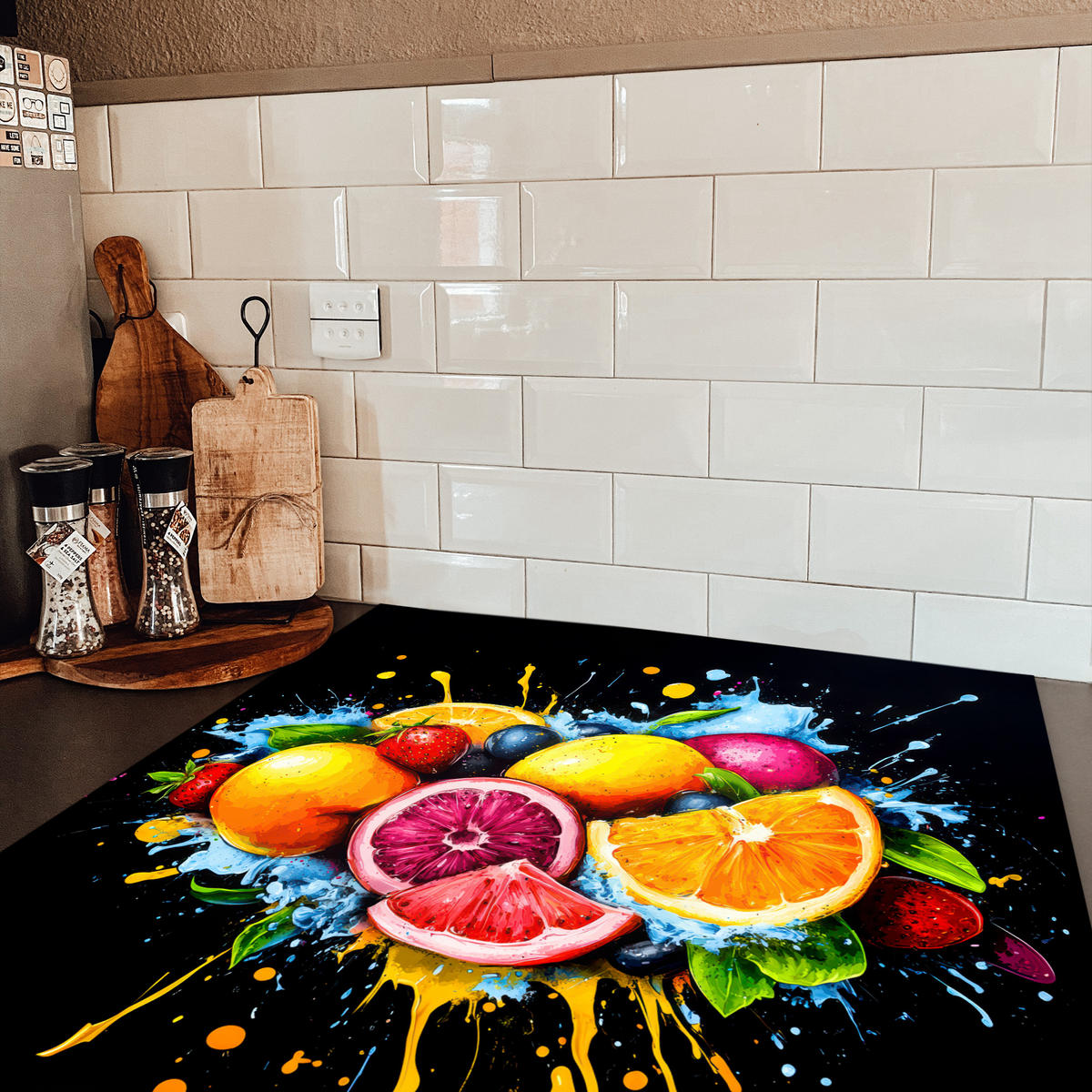 HERDABDECKPLATTE Obst - Graffiti - Bunt - Orange - Erdbeere - Abstrakt 78x78 cm - Orange, Kunststoff (78/78/0.2cm) - MuchoWow